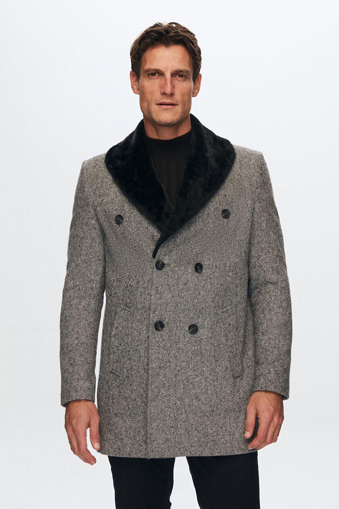 Ds Damat Regular Fit Gri Yakası Çıkartılabilir Kürklü Kaban 9HF08ORT10004 9HF08ORT10004