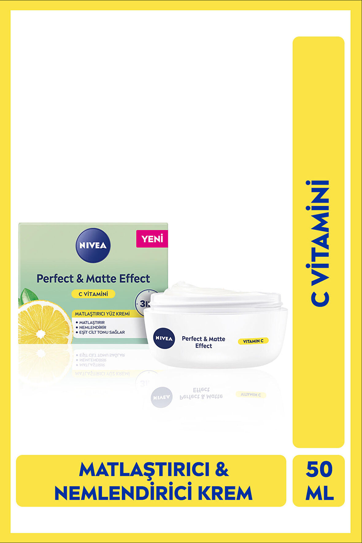 NIVEA Perfect&Matte Matlaştırıcı Gündüz Yüz Bakım Kremi 50ml, C Vitamini, Eşit Cilt Tonu, Nemlendirici