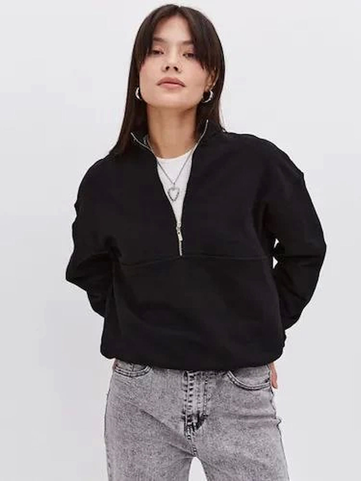 Oversize Yarım Farmuarlı Yakalı Basic SweatShirt - Siyah