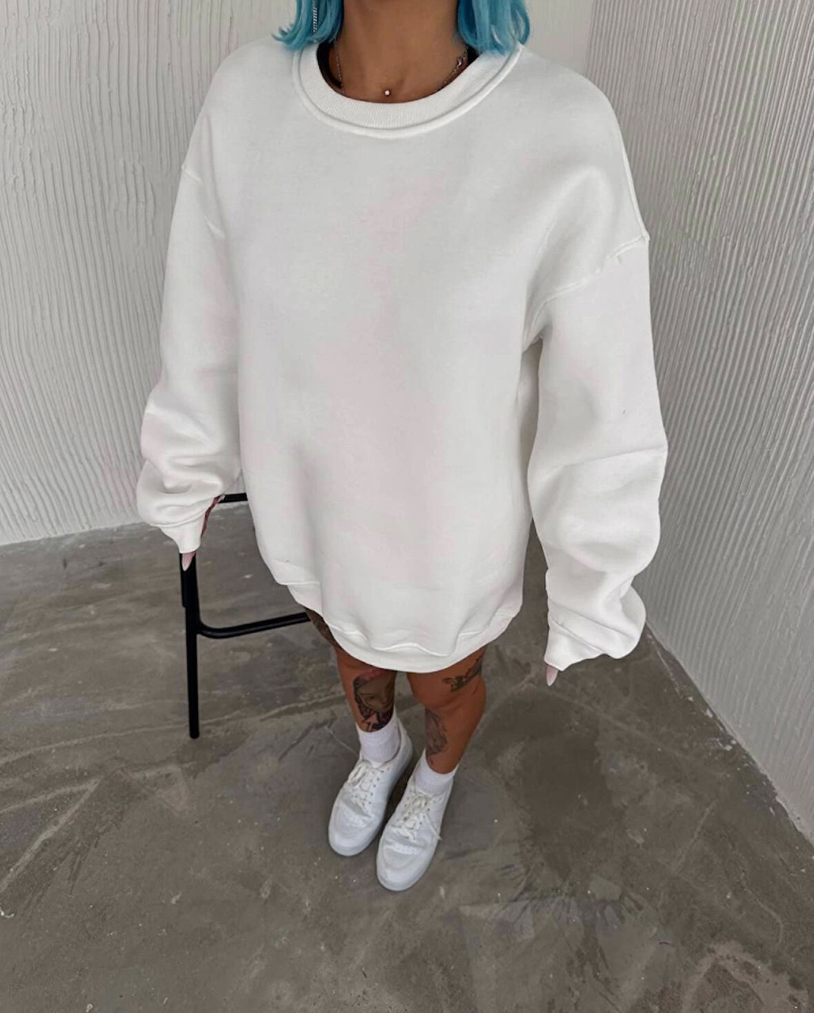 Kışlık Bisiklet Yaka Üç İplik Basic SweatShirt - Beyaz