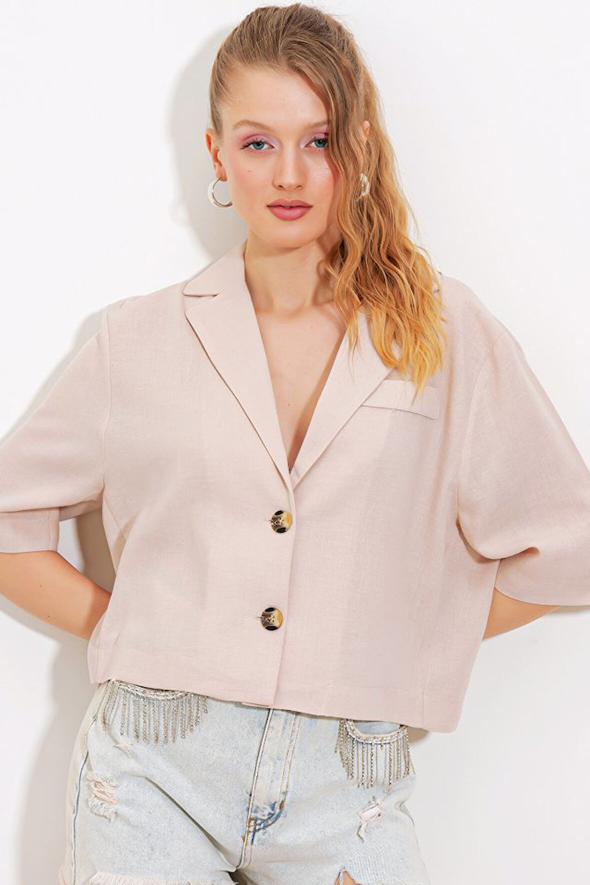 Krem Çift Düğmeli Oversize Crop Keten Ceket 0706