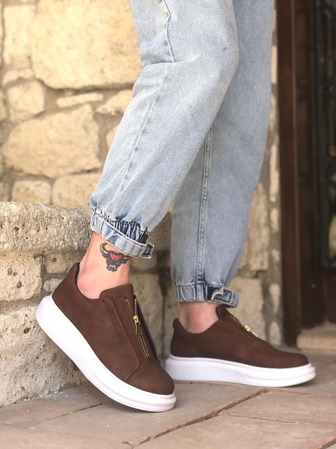 BA0310 BOA Kalın Yüksek Taban Fermuarlı Taba Beyaz Erkek Ayakkabı