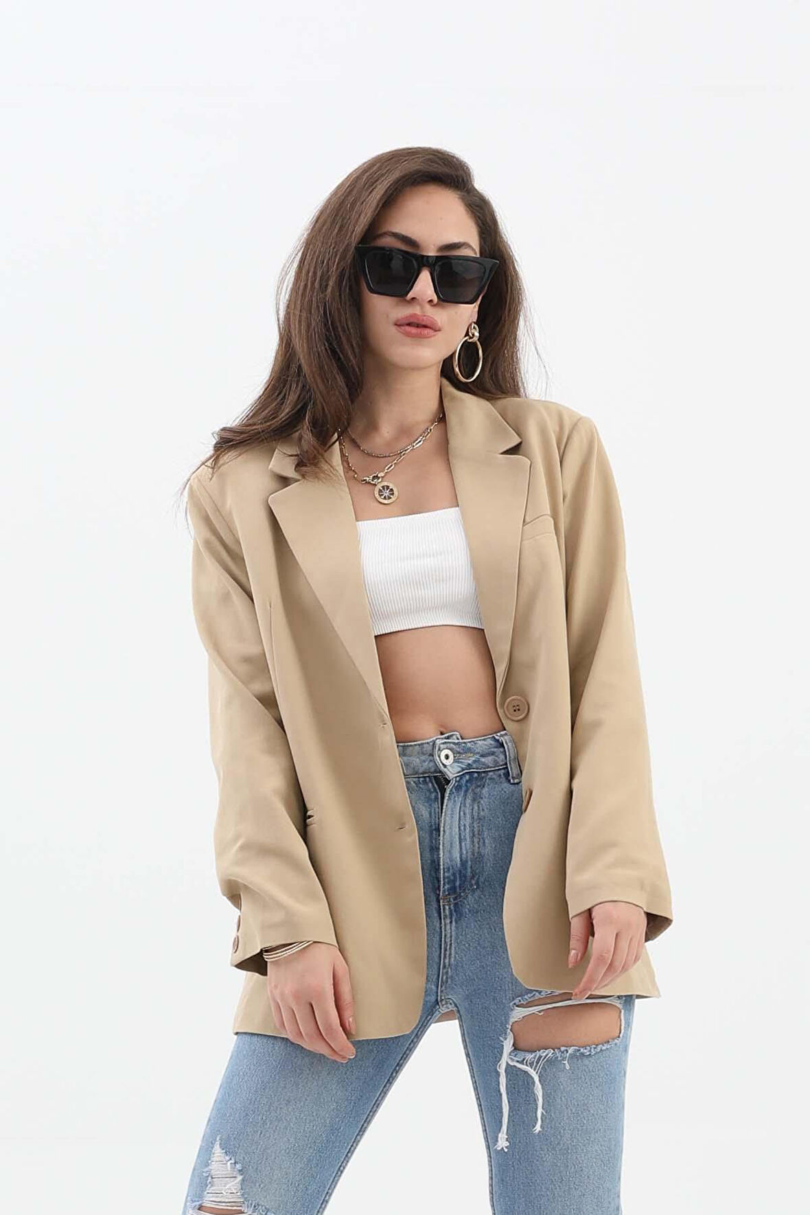 Kadın Kruvaze Yaka Oversize Blazer Ceket - Vizon