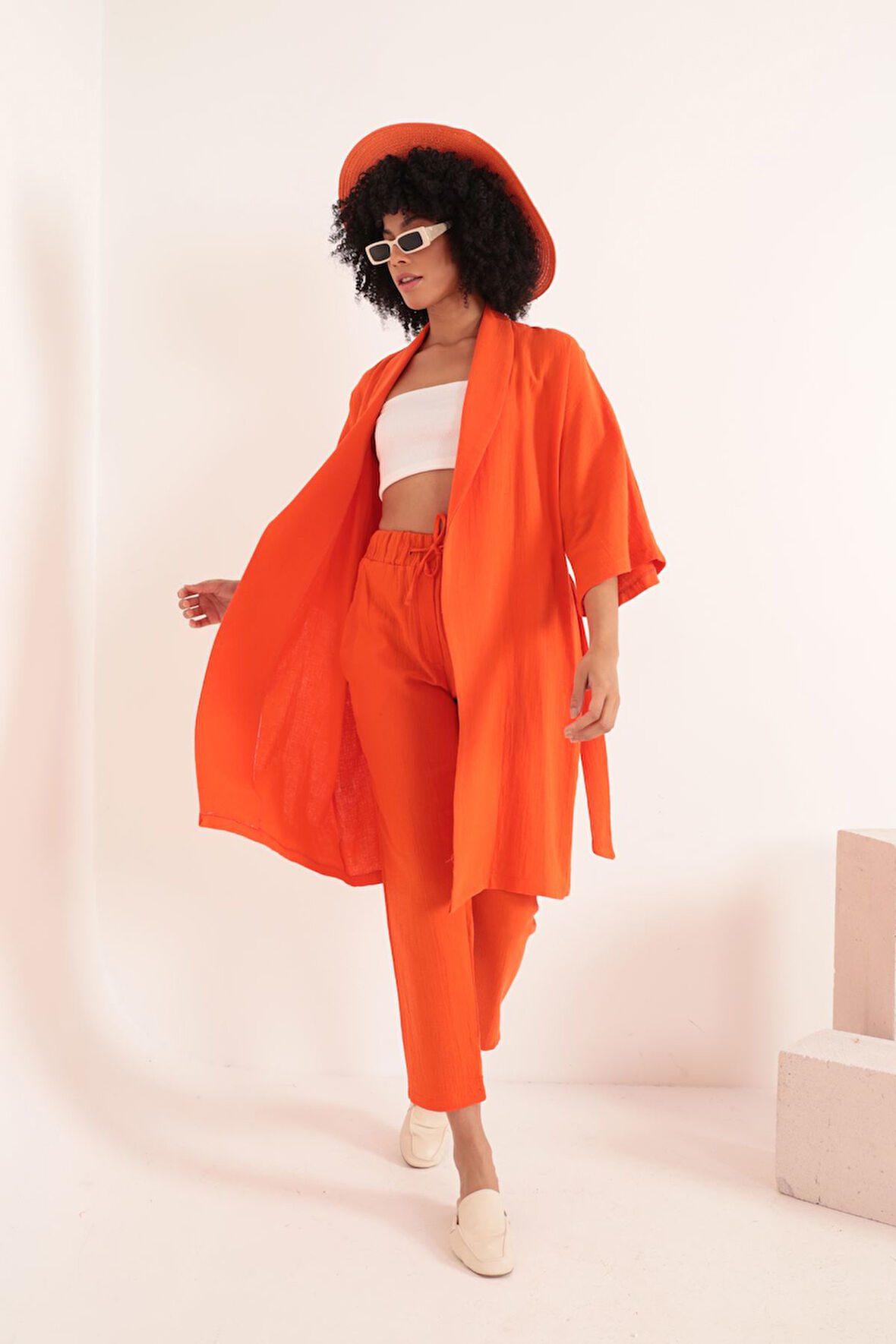 Müslin Kumaş Oversize Kadın Kimono-Oranj