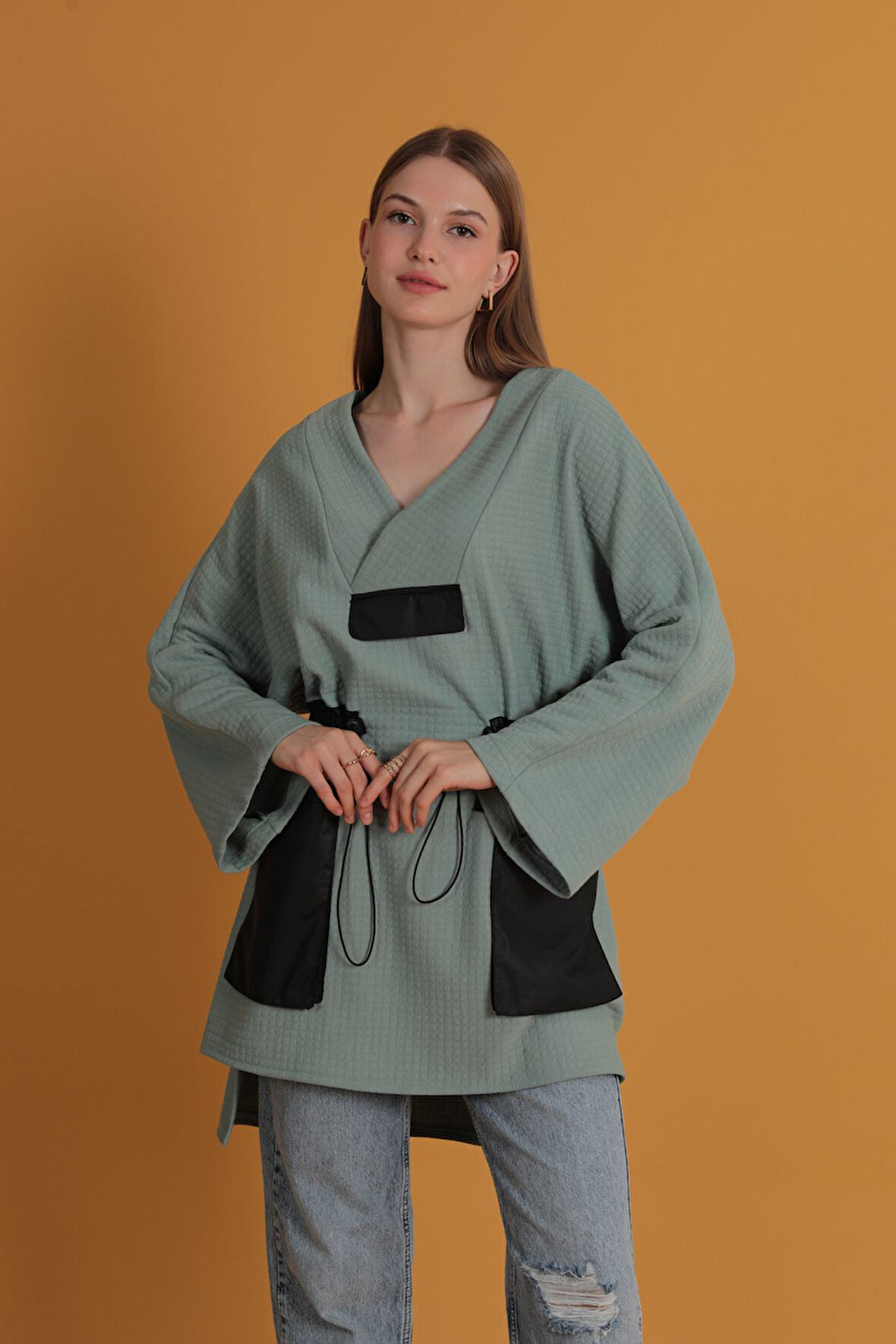 Petek Kumaş Garnili Oversize Kadın Sweat-Mint