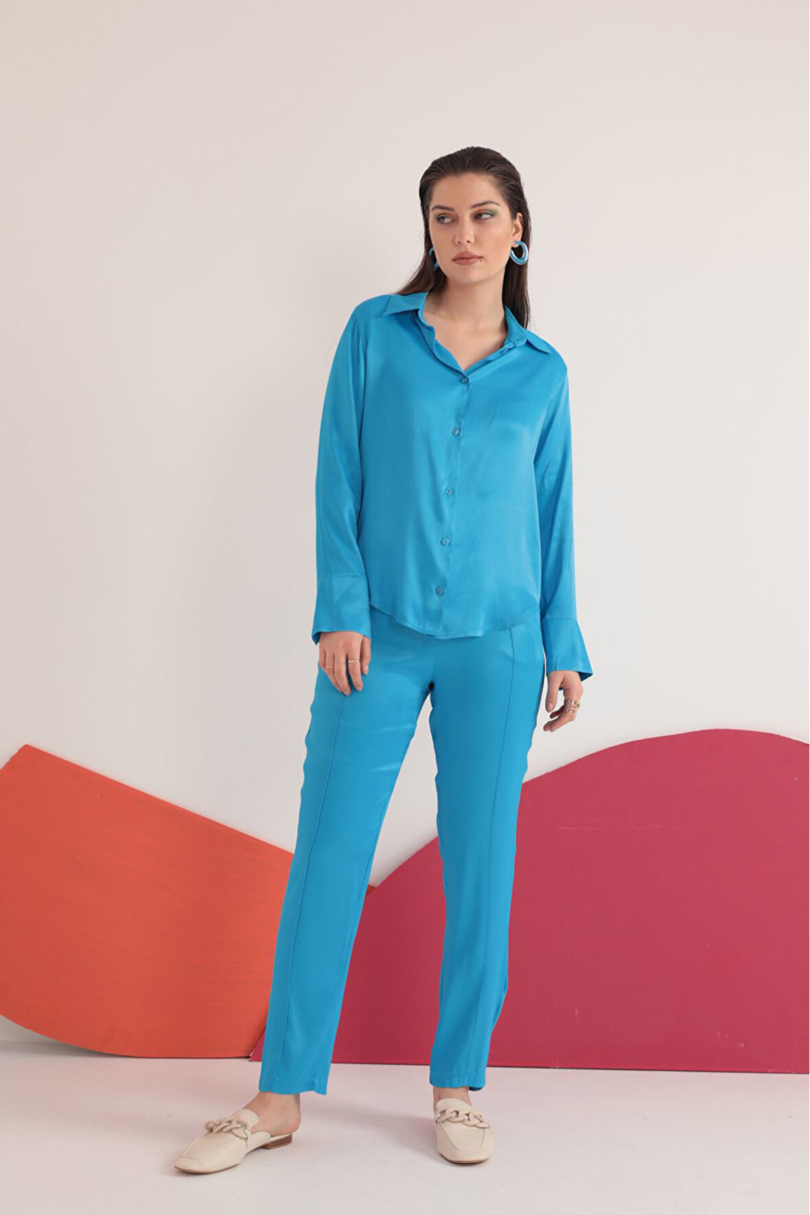 Saten Kumaş Beli Lastikli Kadın Pantolon-Mavi