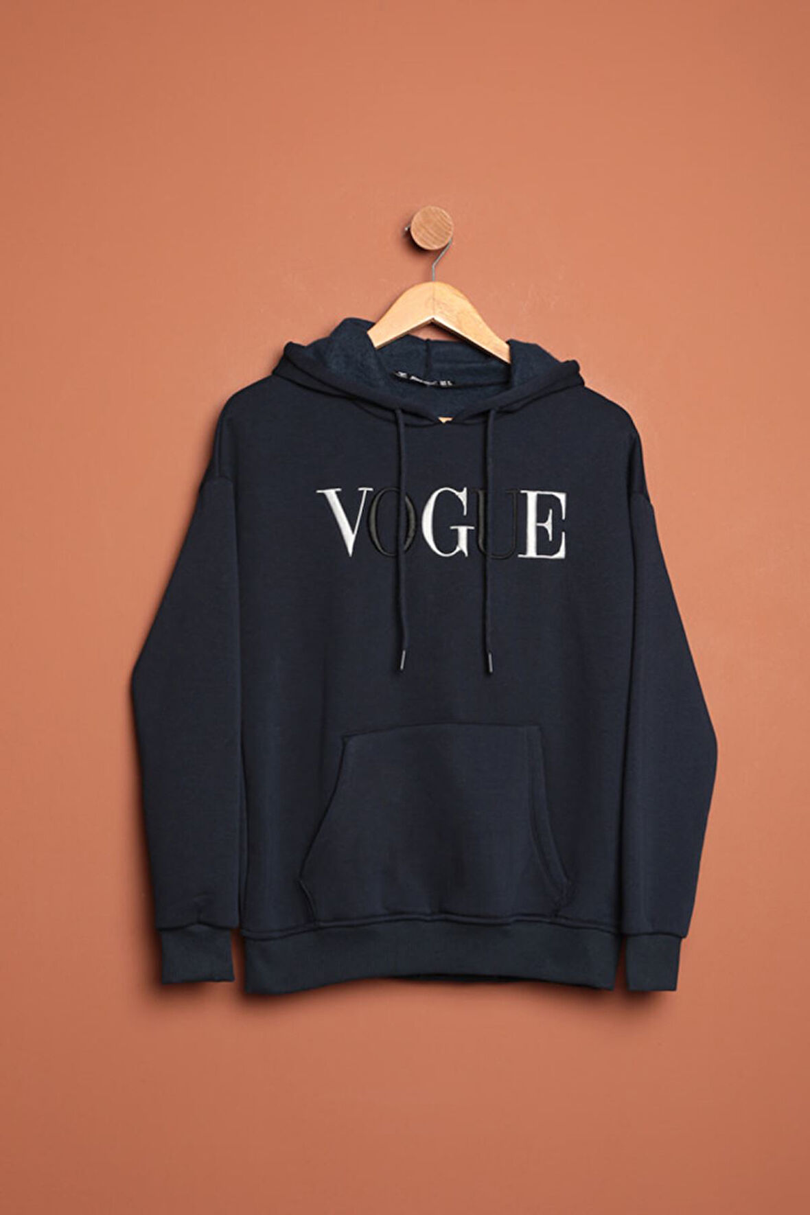 Üç İplik Vogue Nakışlı Kapüşonlu Kadın Lacivert Sweat