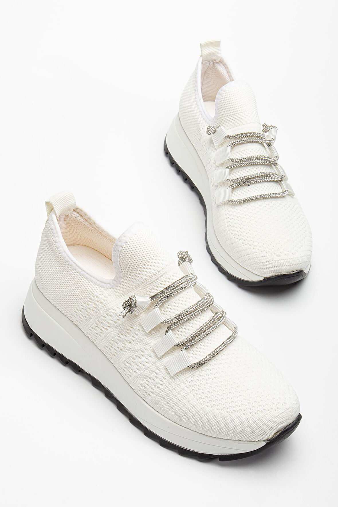 Paris Beyaz Triko Bağcıklı Taşlı Rahat Kalıp Sneaker