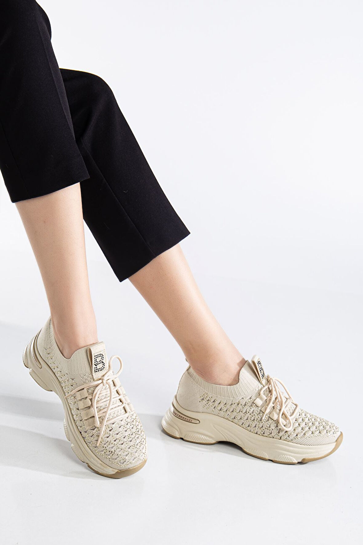 Edwin Bej Triko Bağcıklı Yüksek Topuk Rahat Kalıp Sneaker