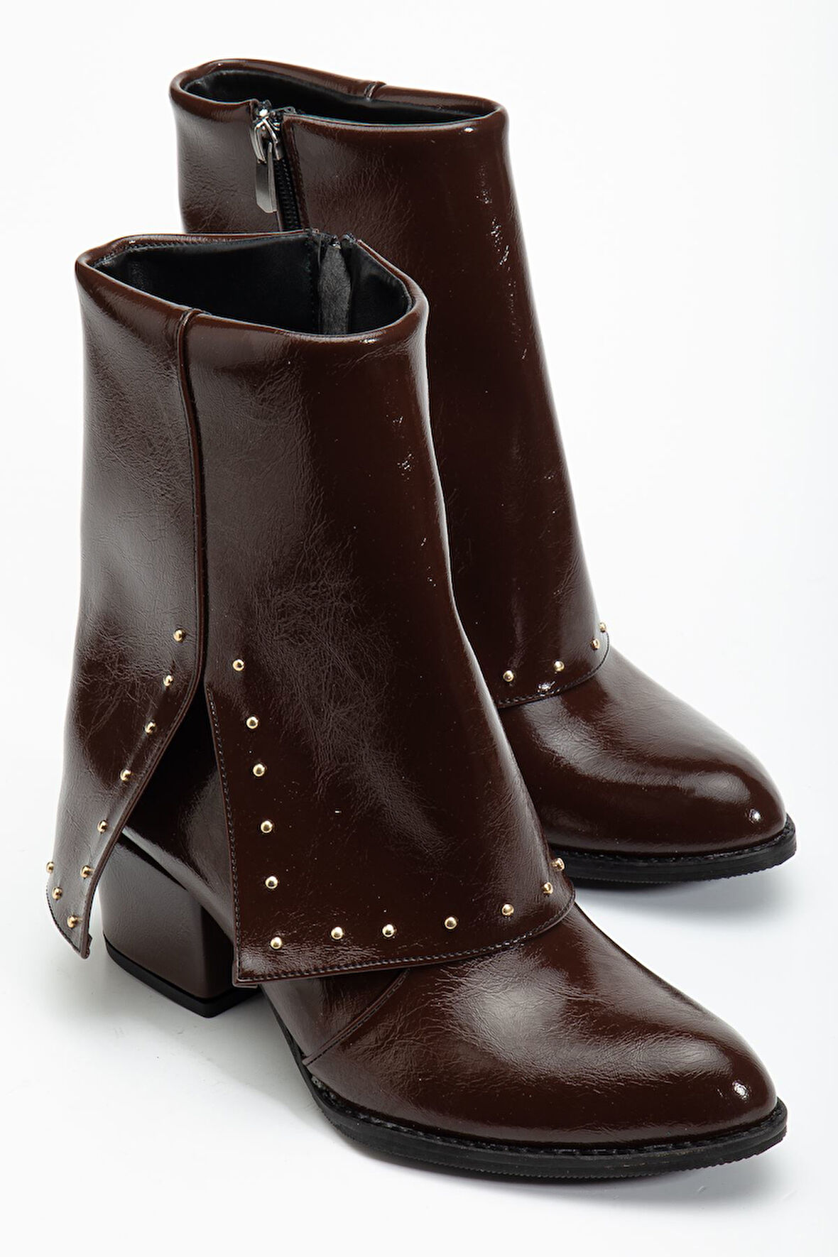 Kadın Sivri Burun Kahverengi Parlak Detaylı Topuklu Bot