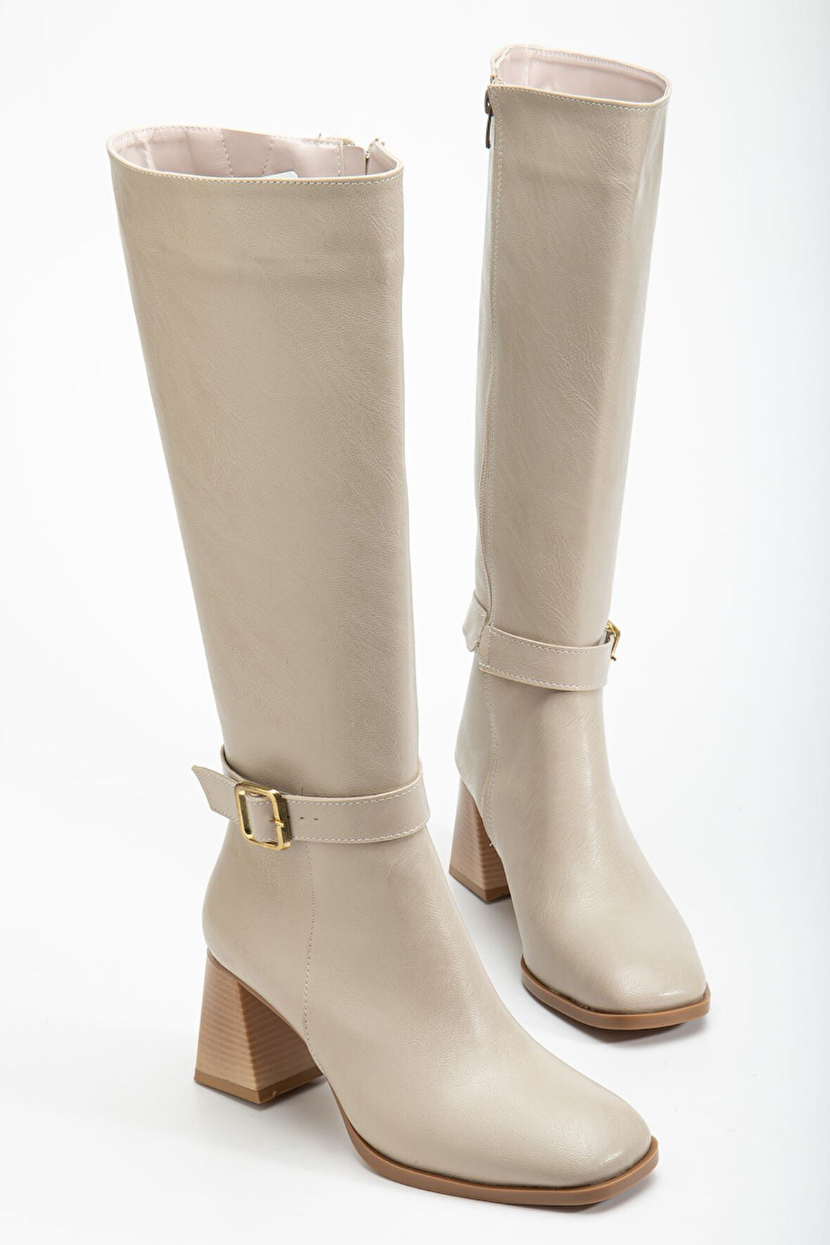 Kadın Bej Cilt Küt Burun Diz Altı Topuklu Çizme