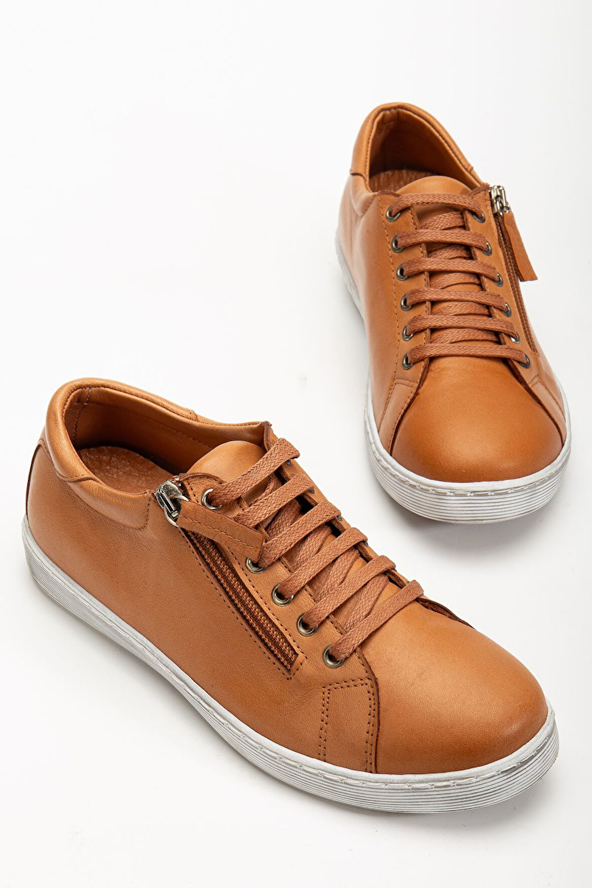 Kadın Taba Hakiki Deri Yandan Fermuarlı Bağcıklı Spor Ayakkabı