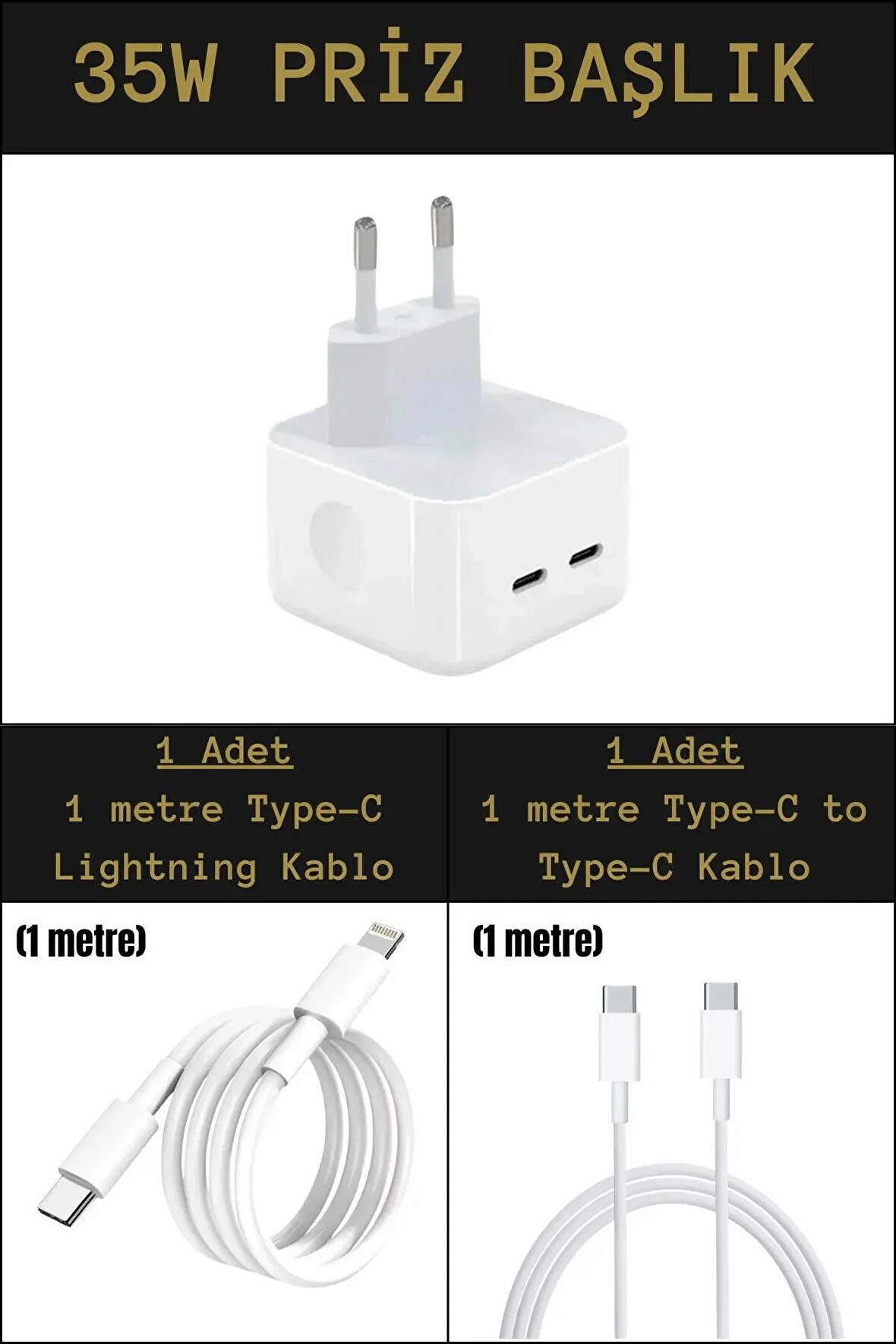 35w Çift Girişli Type-C Priz Başlık + 2 Adet Şarj Kablo Seti İphone/Samsung/Xiamoi/Huawei