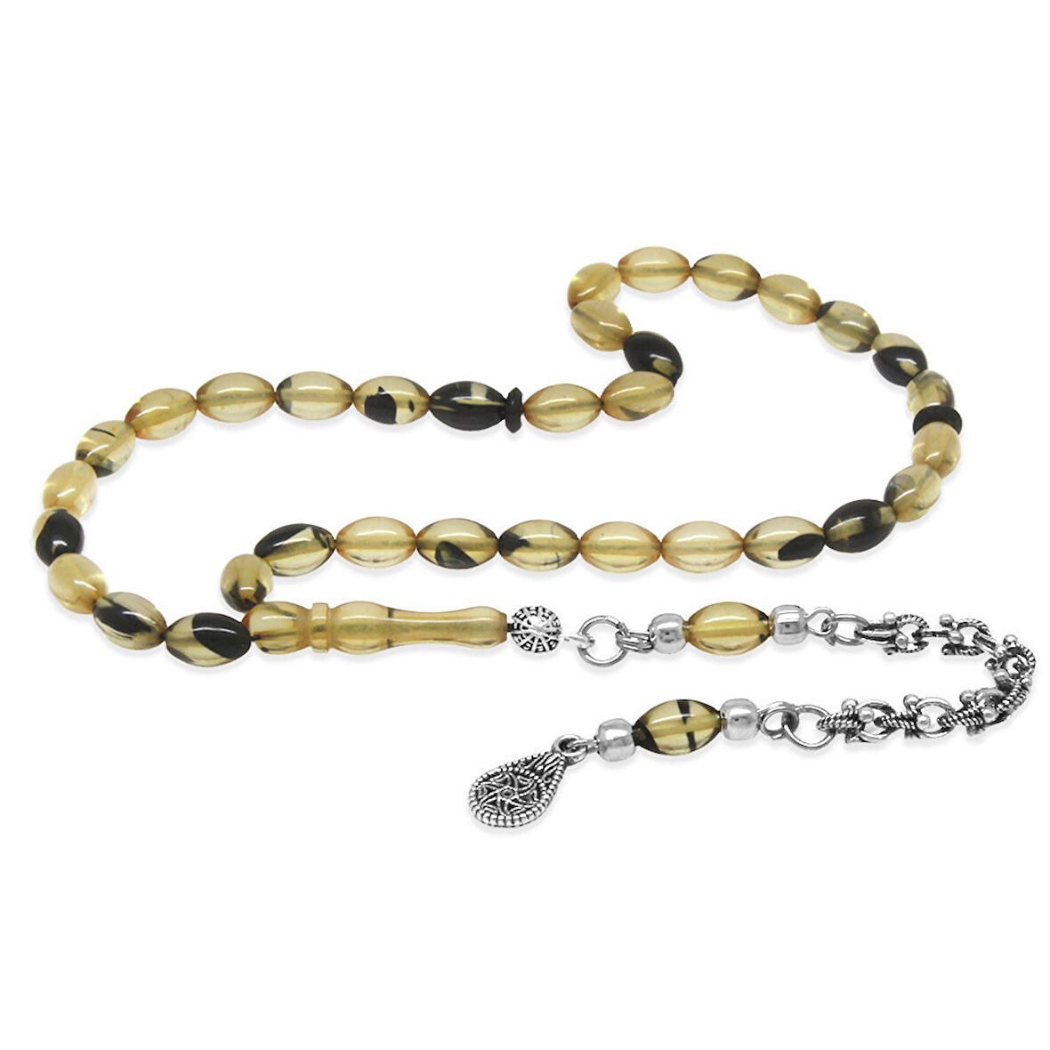 Kararmaz Metal Arnavut Zincir Püsküllü Arpa Kesim Siyah-Beyaz Bilek Boy Ateş Kehribar Tesbih