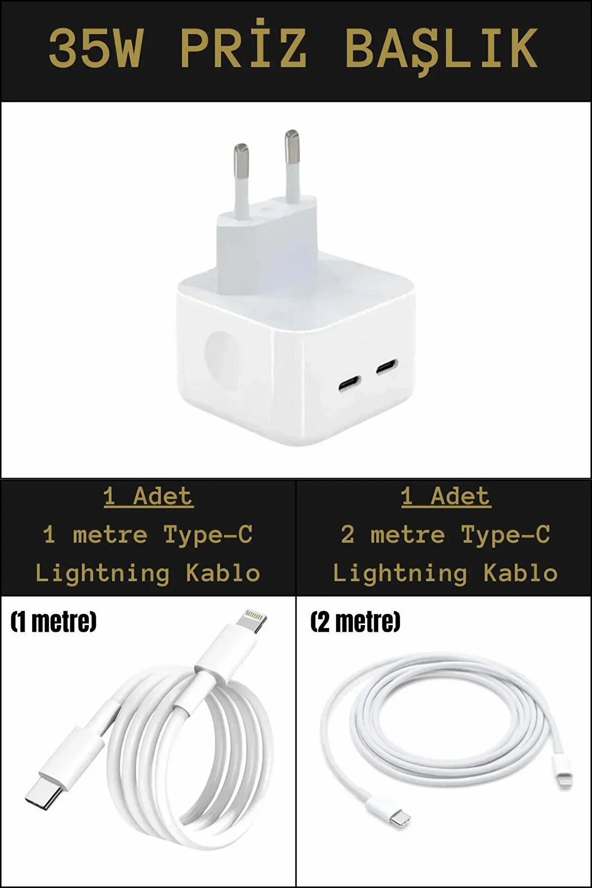 35w Çift Girişli Type-C Priz Başlık + 2 Adet Şarj Kablo Seti İphone/Samsung/Xiamoi/Huawei