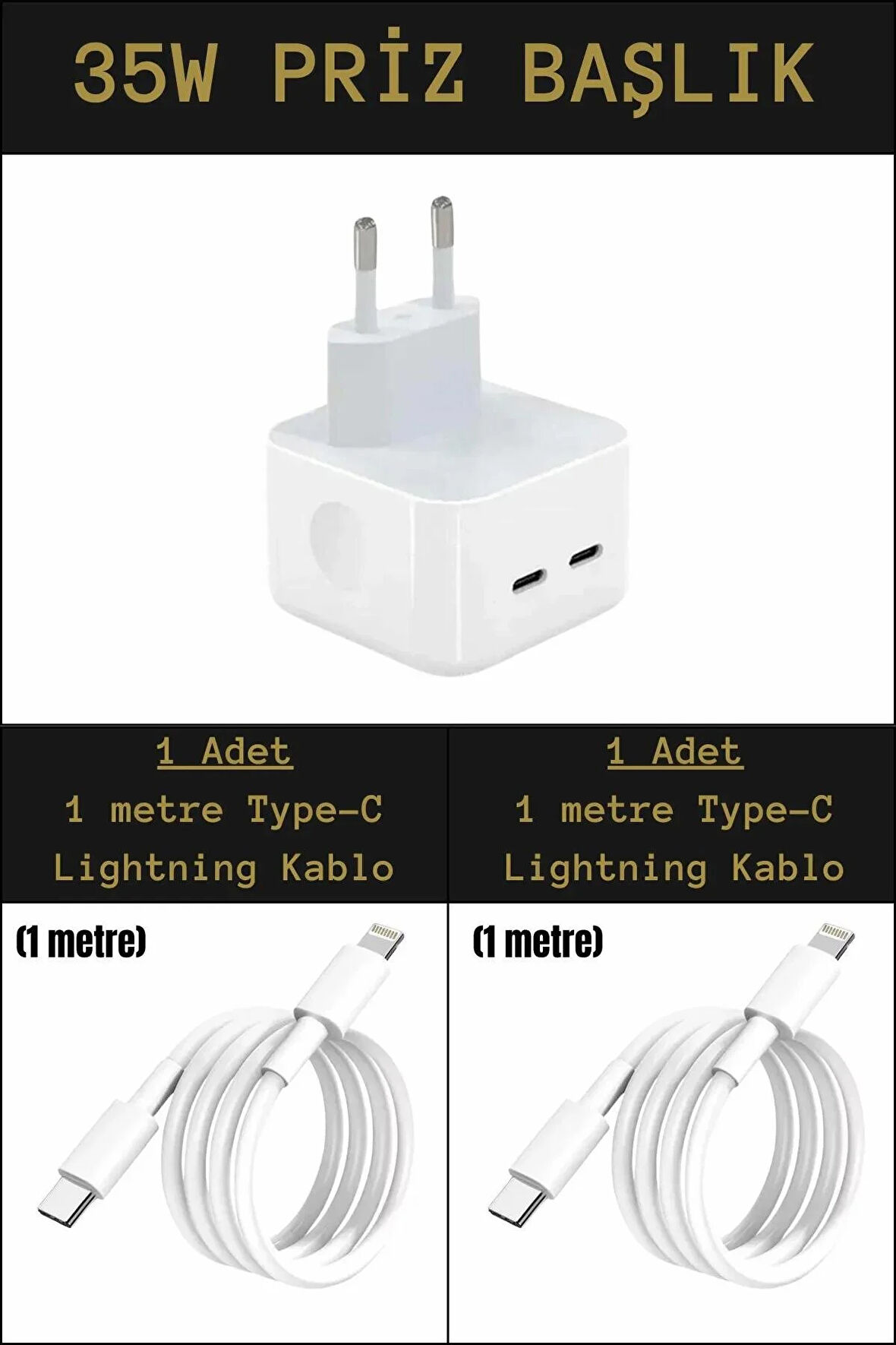 35w Çift Girişli Type-C Priz Başlık + 2 Adet TypeC Lightning Şarj Kablo Seti İphone/Samsung/Xiamoi/Huawei