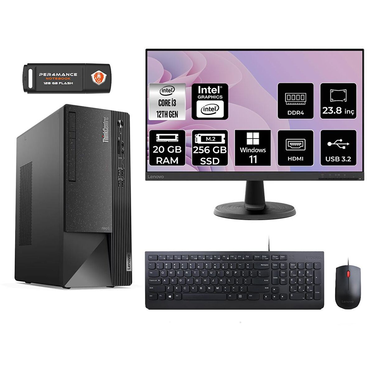 Lenovo ThinkCentre Neo 50T i3 12100 20GB 256GB SSD W11H 11SC001ATX MASAÜSTÜ PC & 23.8" MONİTÖR