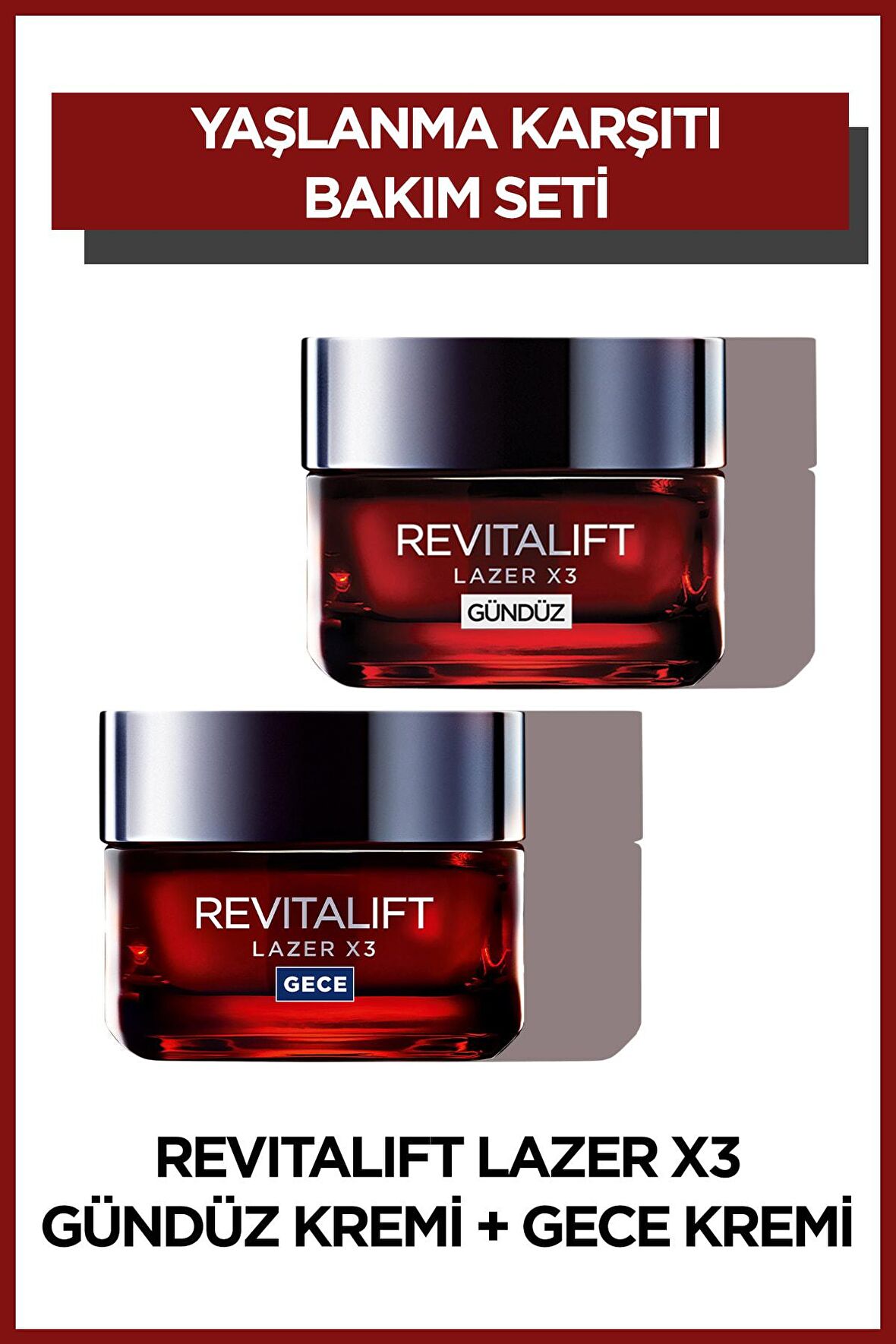 Loreal Paris Revitalift Lazer X3 Yaşlanma Karşıtı Kolajen 30 Yaş + Gündüz Yüz ve Boyun Kremi 50 ml & Gece Bakım Kremii 50 ml 