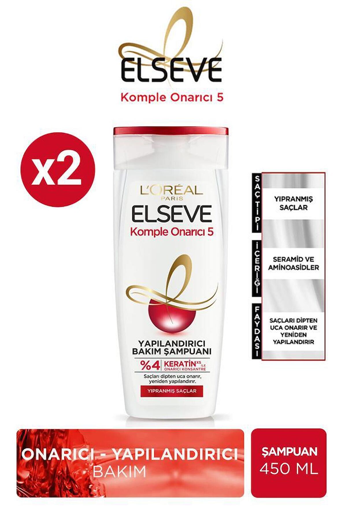 Elseve Komple Onarıcı Keratin X5 Yapılandırıcı Bakım Şampuanı Yıpranmış Saçlar İçin 450ml X2