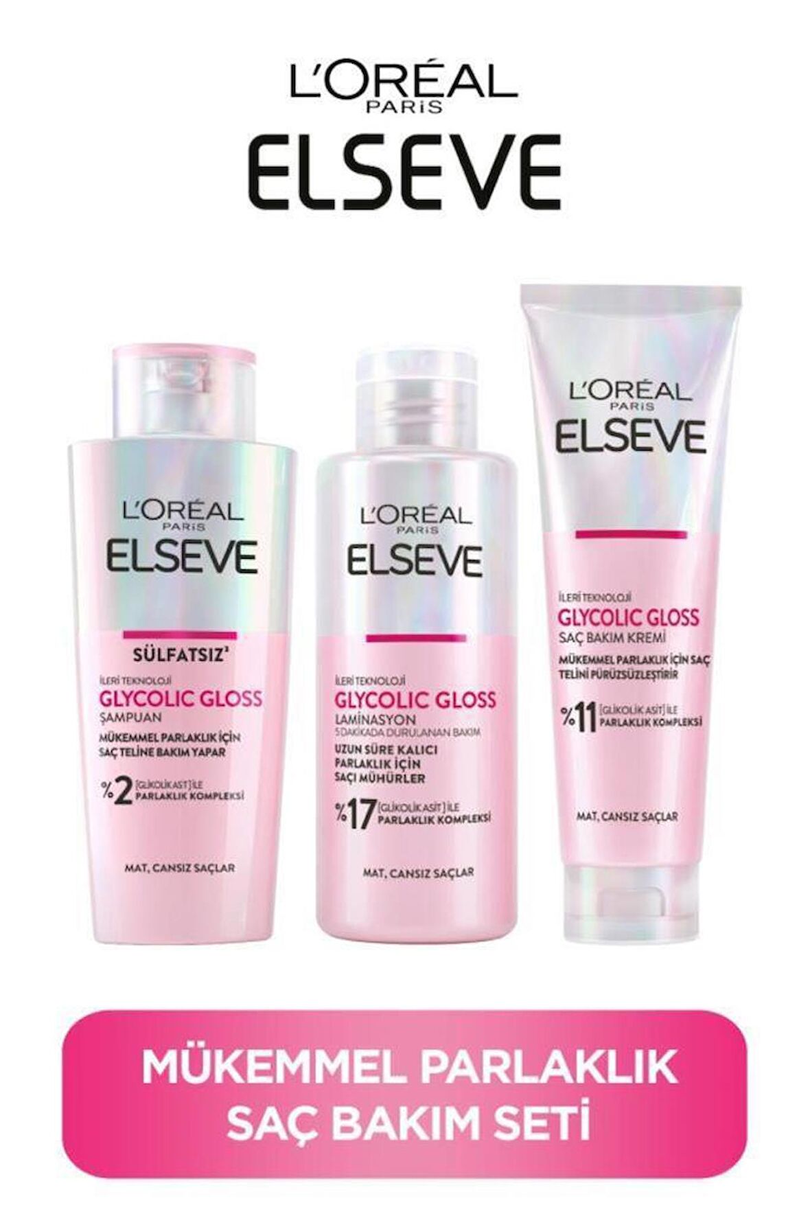 Elseve Glycolic Gloss Mükemmel Parlaklık Şampuan 200ml + Saç Kremi 150ml+ Laminasyon Bakım 200ml 3'lü Saç Bakım Seti