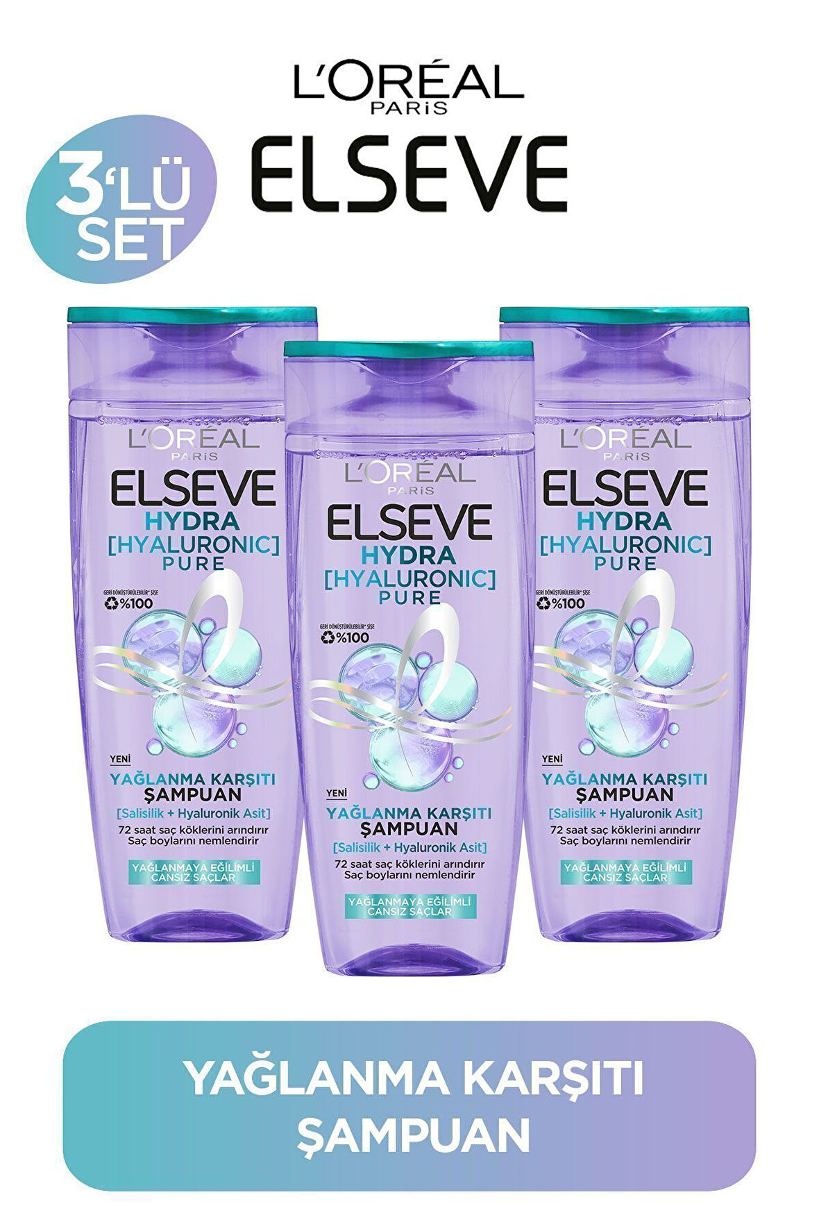 Elseve Hydra Pure Salisilik Asit içeren Yağlanma Karşıtı Nemlendirici Şampuan 3'lü Set