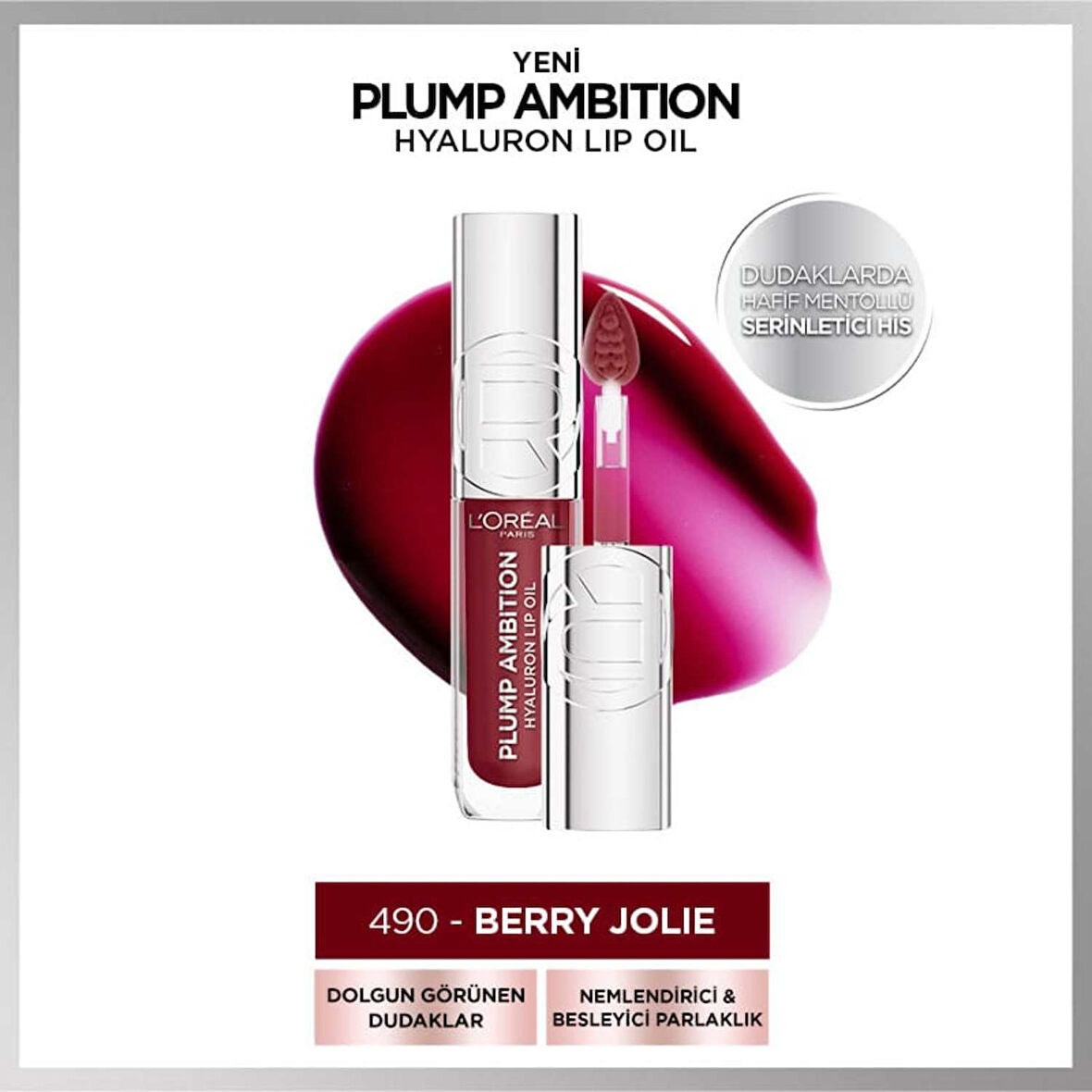 L'Oréal Paris Plump Ambition Hyaluron Lip Oil Besleyici ve Nemlendirici Dudak Parlatıcısı - 490 Berry Jolie