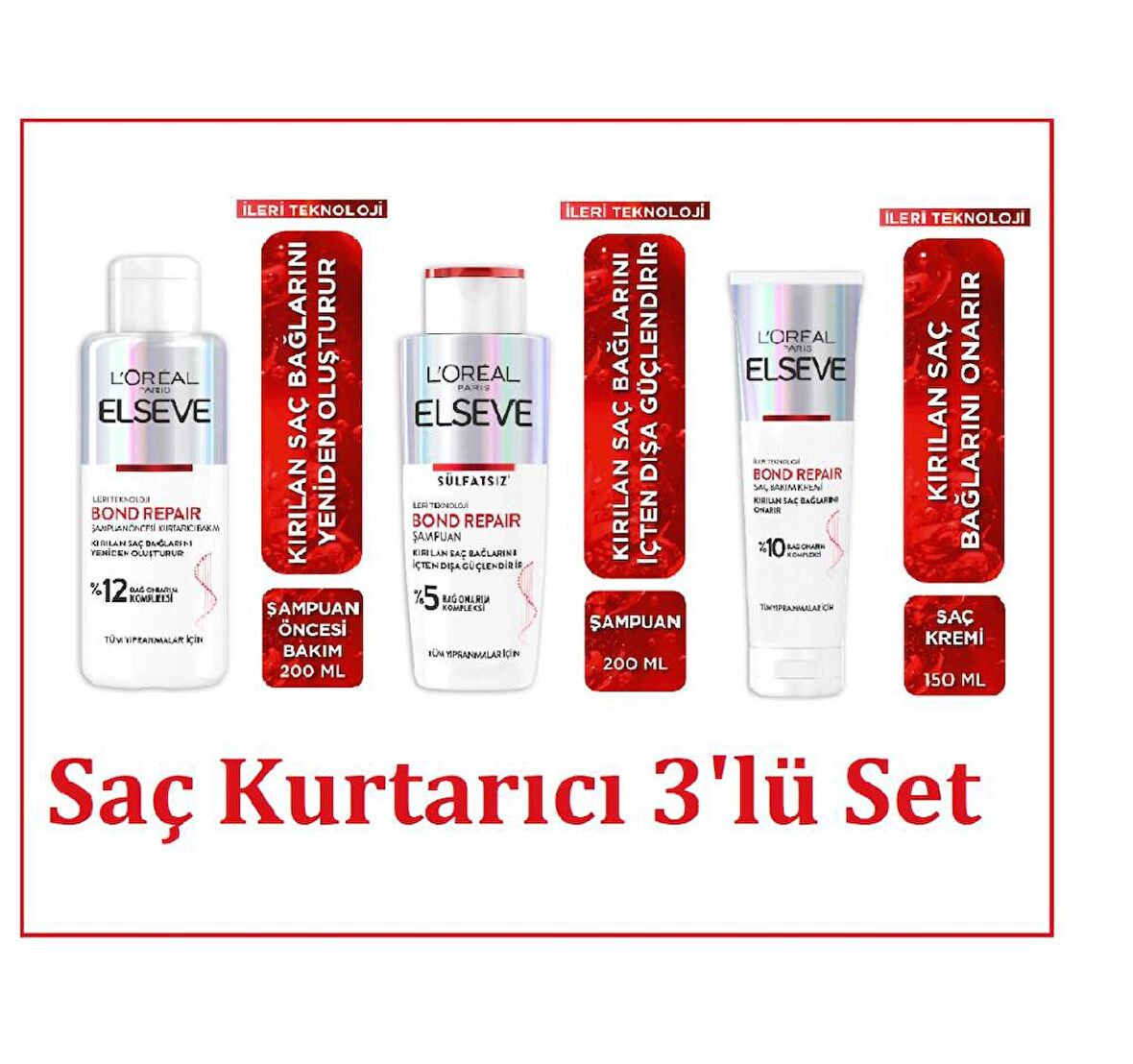 Elseve Bond Repair Saç Bağlarını Güçlendirici Şampuan 200ml &Saç Krem 150ml & Serum  200ml  3'lü SET