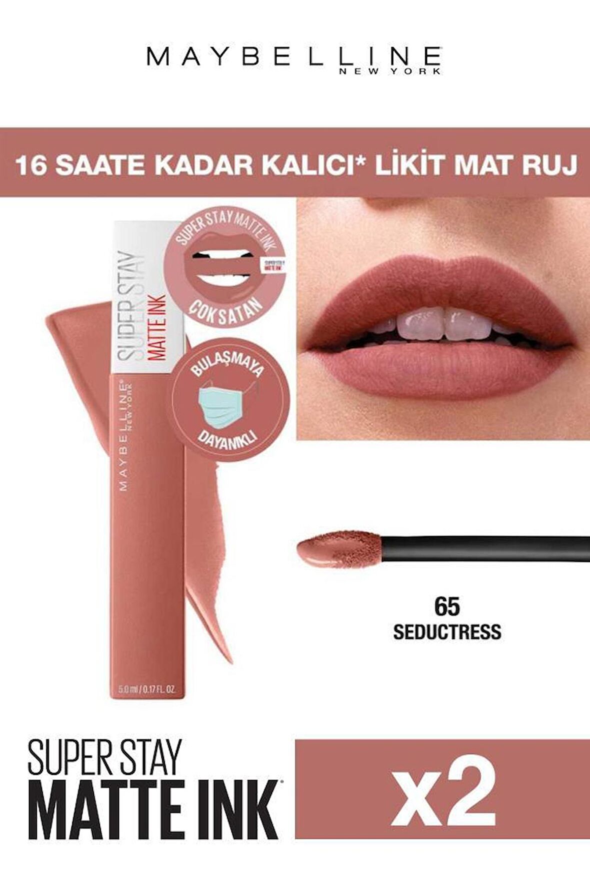 Maybelline Gün Boyu Kalıcı Etki Sunan Süper Mat Likit Ruj 65 Seductress - Nude X2