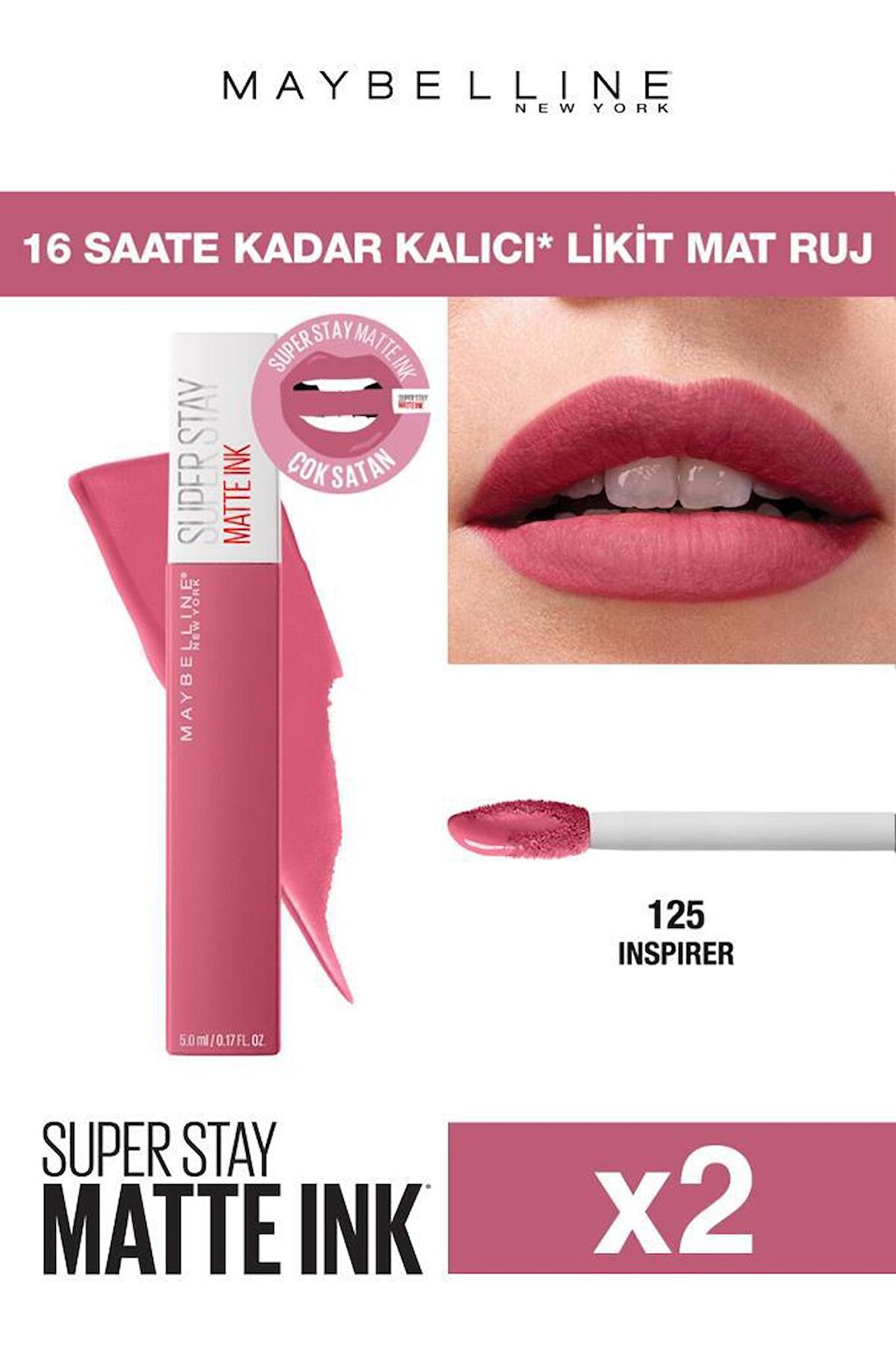 Maybelline Gün Boyu Kalıcı Etki Sunan Süper Mat Likit Ruj 125 Inspirer X2