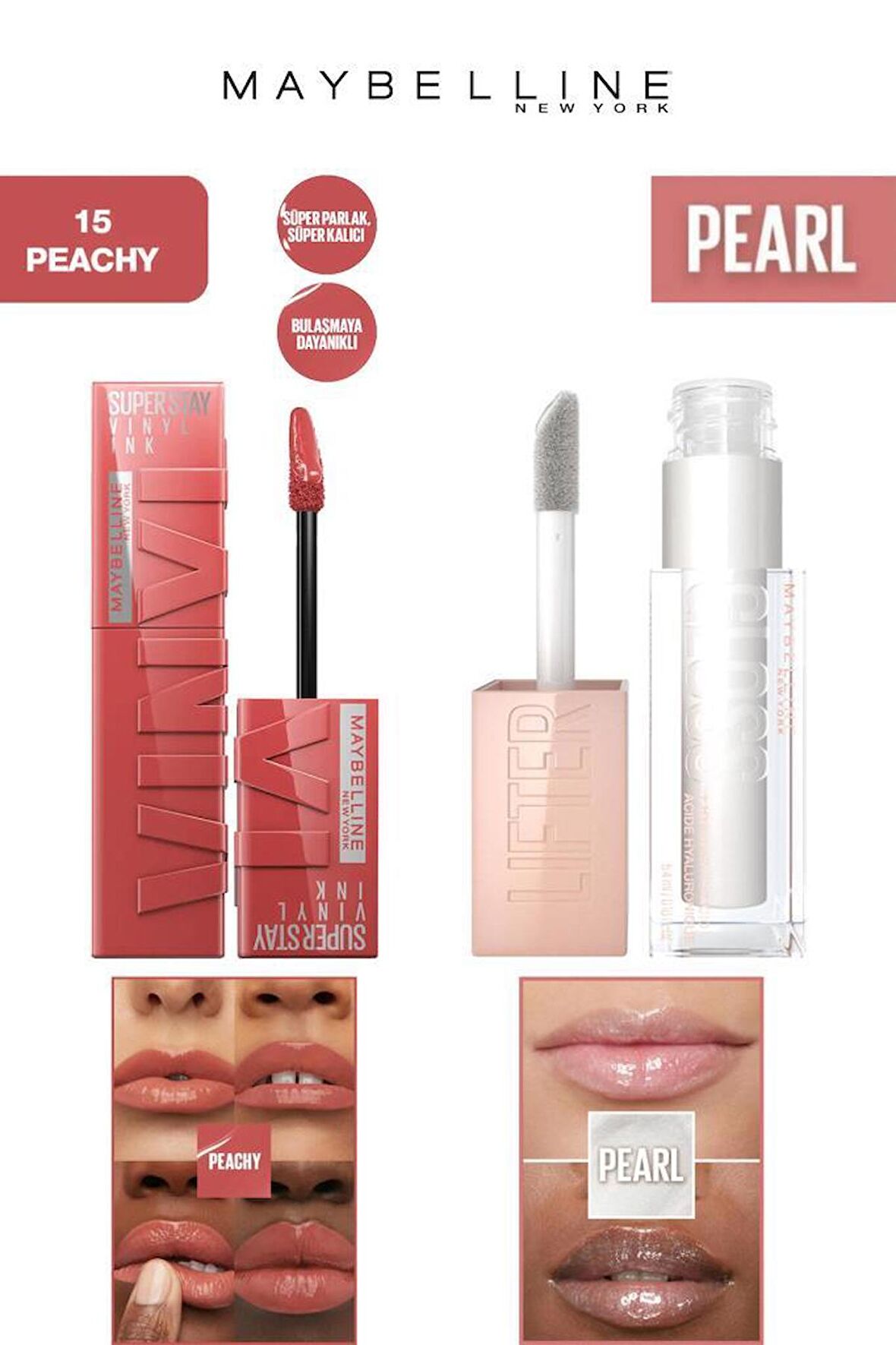 Maybelline Dudak Dolgunlaştırıcı Parlatıcı Kalıcı Işıltılı Dudaklar Nemlendirici Lip Gloss Seti 15 Peachy-001 Pearl