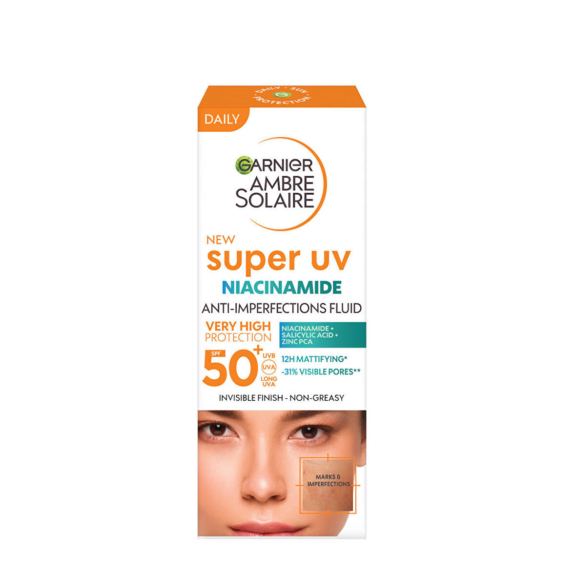 Garnier Ambre Solaire Super UV Niasinamid Cilt Kusurları Karşıtı Günlük Güneş Koruyucu Fluid Krem SPF50+ 40 ml