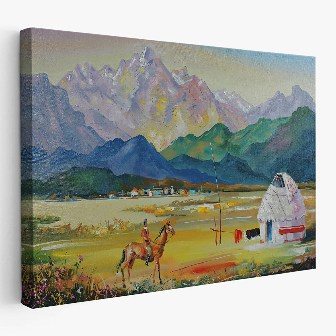 Kazakistan da Bir Göçebe Çadırı Yağlıboya Görünüm Dekoratif Kanvas Duvar Tablosu-3601