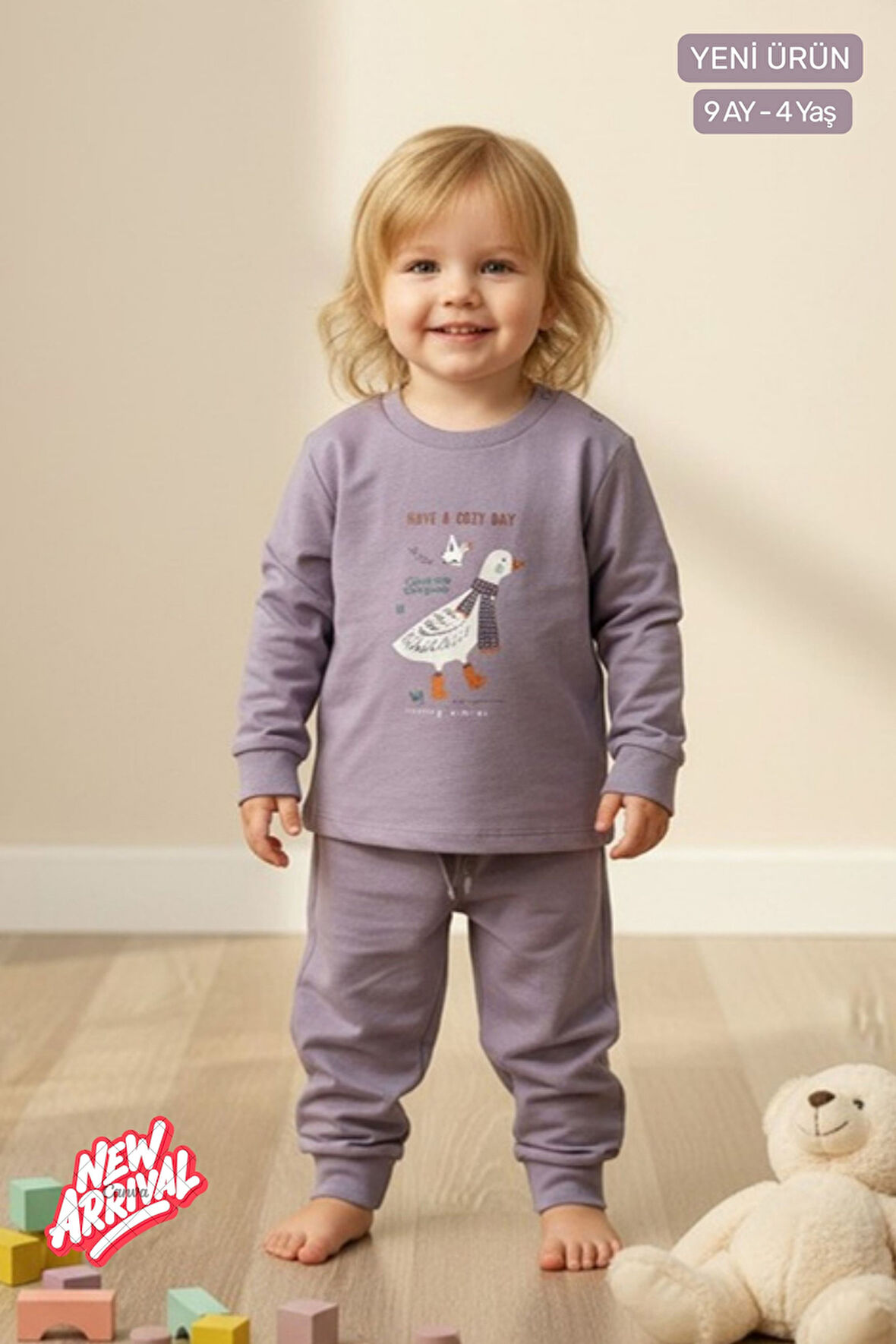 Unisex Bebek & Çocuk Eşofman Takımı Pamuklu Esnek Kumaş Sevimli Kaz Baskılı Lila 2'li Alt Üst Takım