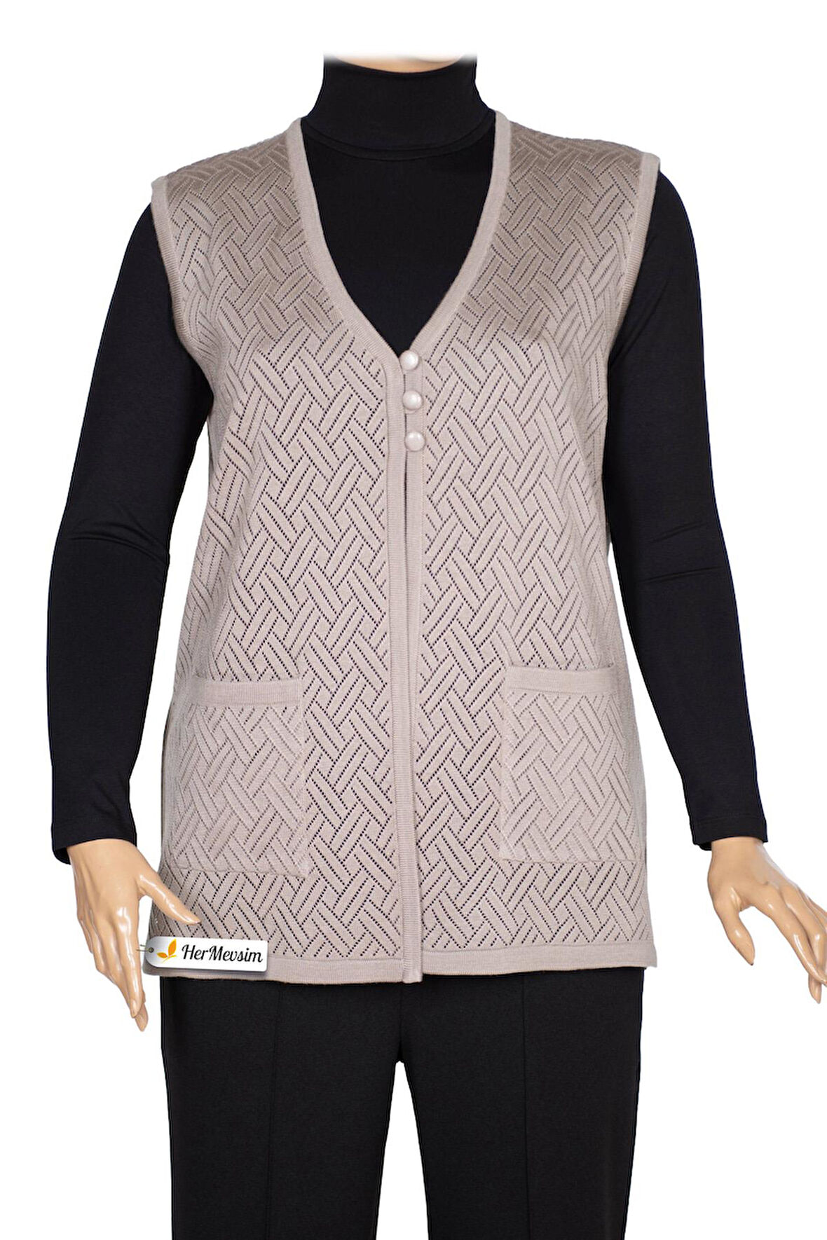 Hesna Kadın Yakut Triko Ajurlu Cepli Düğmeli Yırtmaçlı Taş Beji Yelek