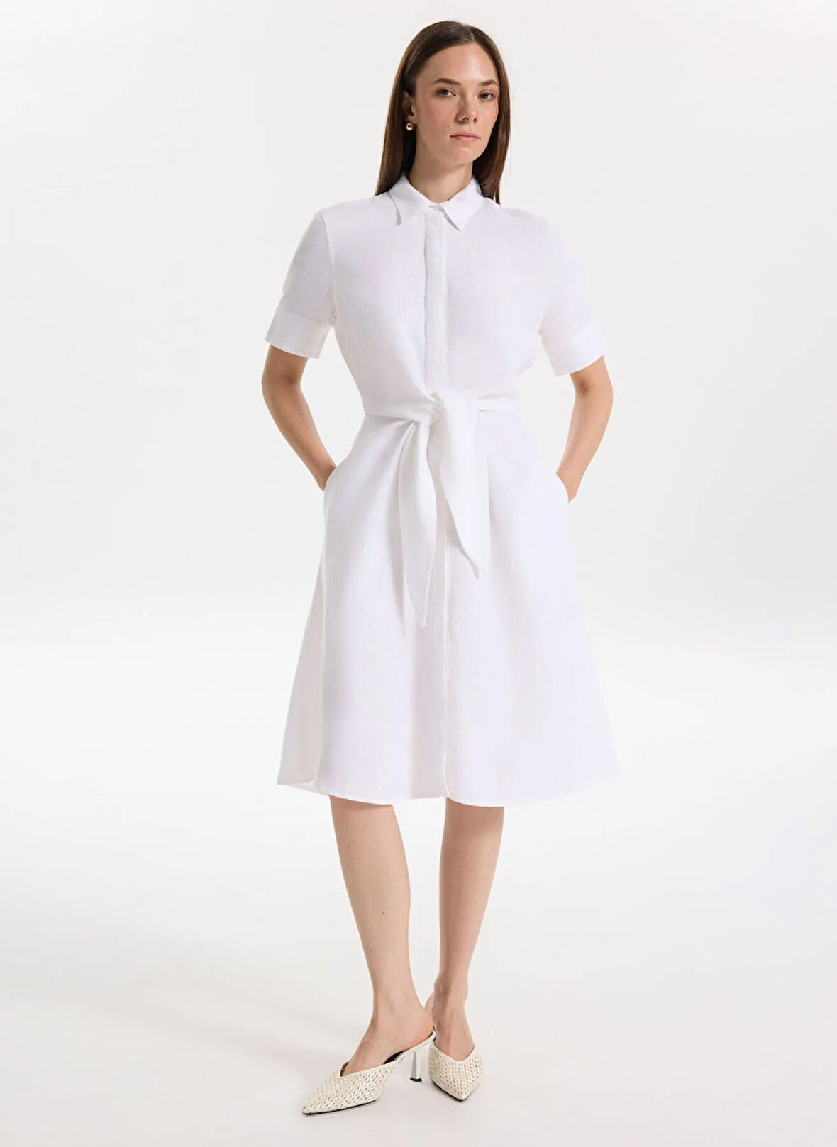 Lauren Ralph Lauren Gömlek Yaka Beyaz Diz Altı Kadın Elbise WAKANA-3/4 SLEEVE-CASUAL DRESS