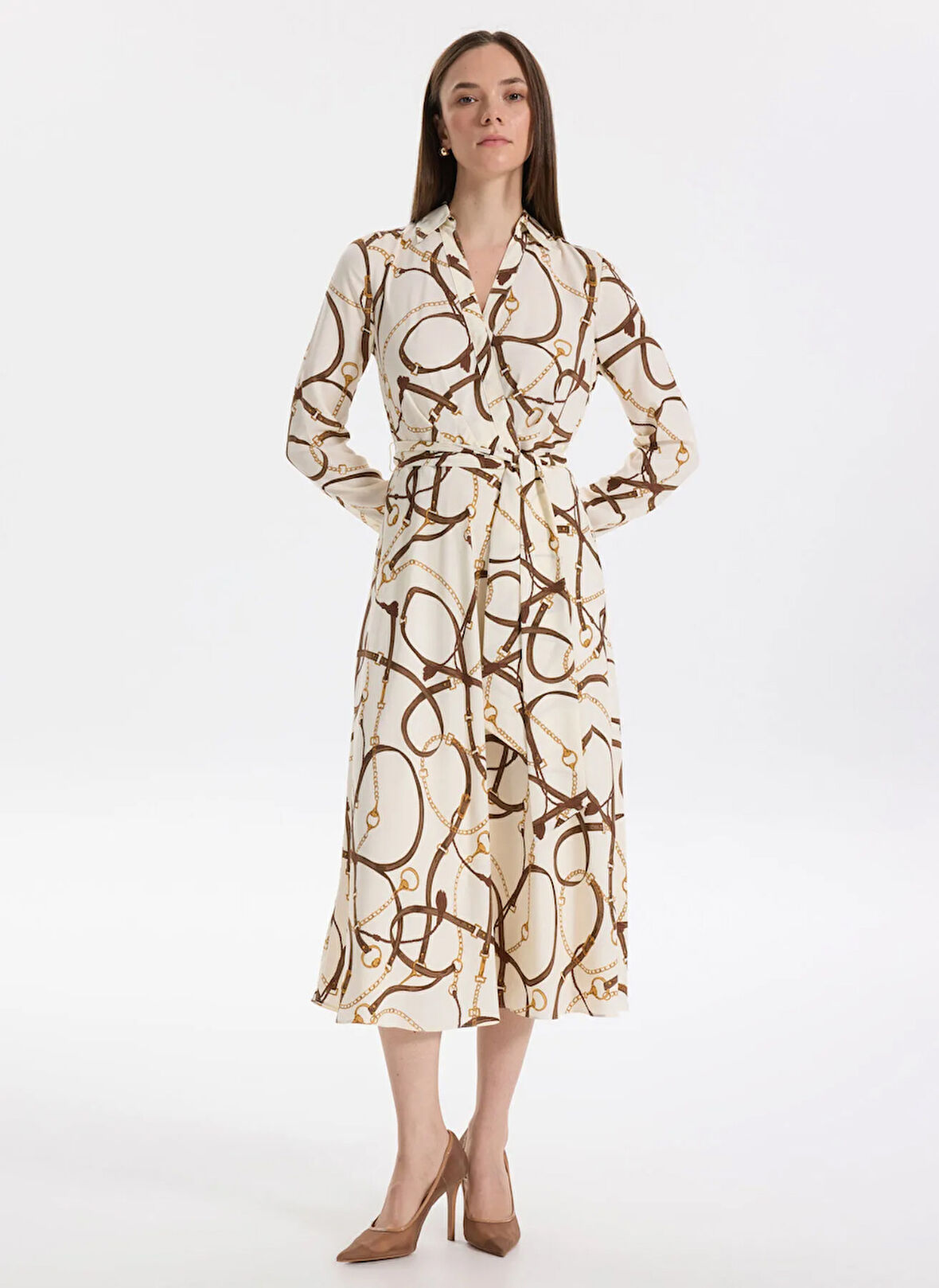 Lauren Ralph Lauren Gömlek Yaka Beyaz Midi Kadın Elbise ROWELLA-LONG SLEEVE-DAY DRESS