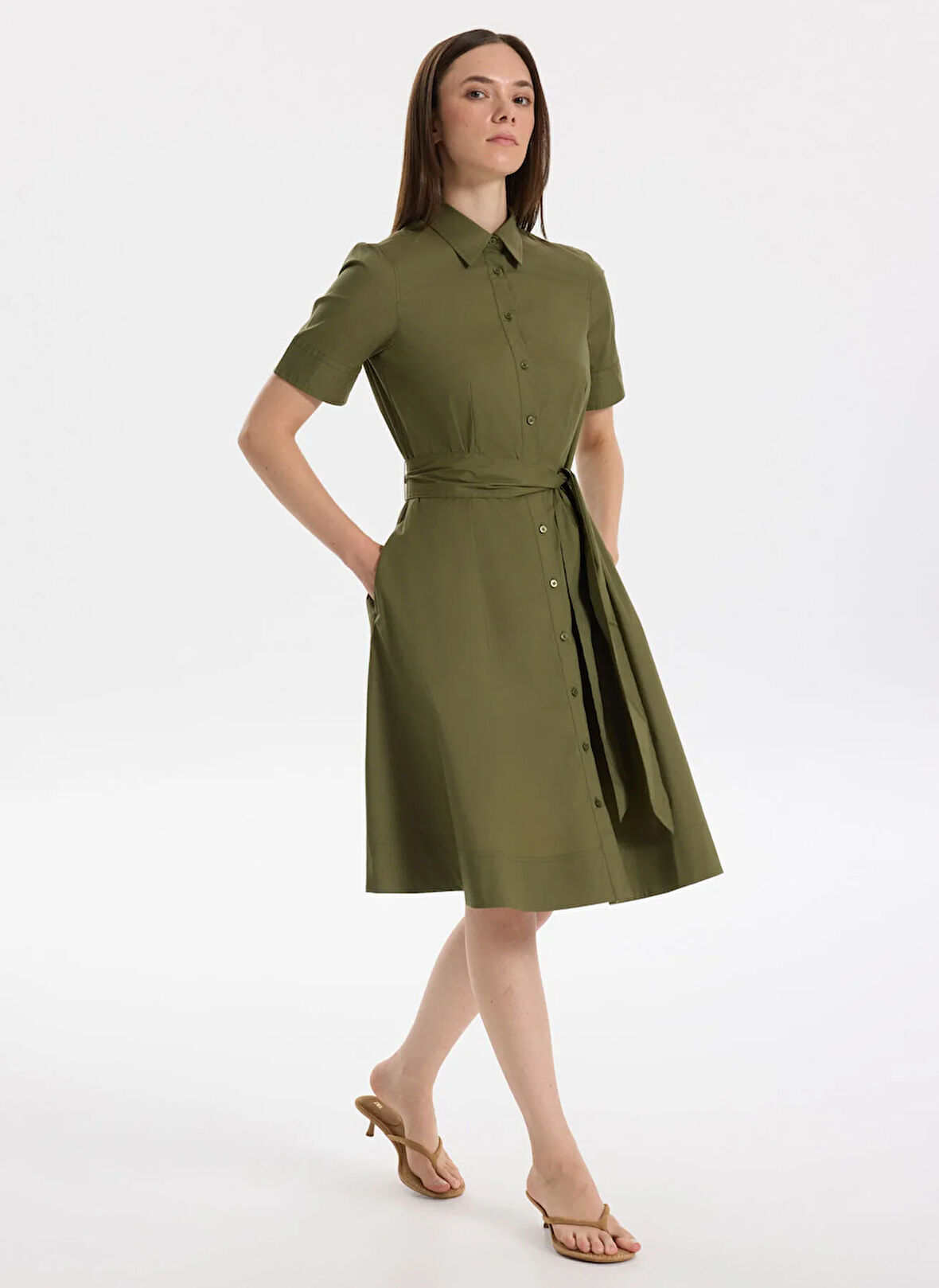 Lauren Ralph Lauren Gömlek Yaka Yeşil Diz Altı Kadın Elbise FINNBARR-SHORT SLEEVE-CASUAL DRESS