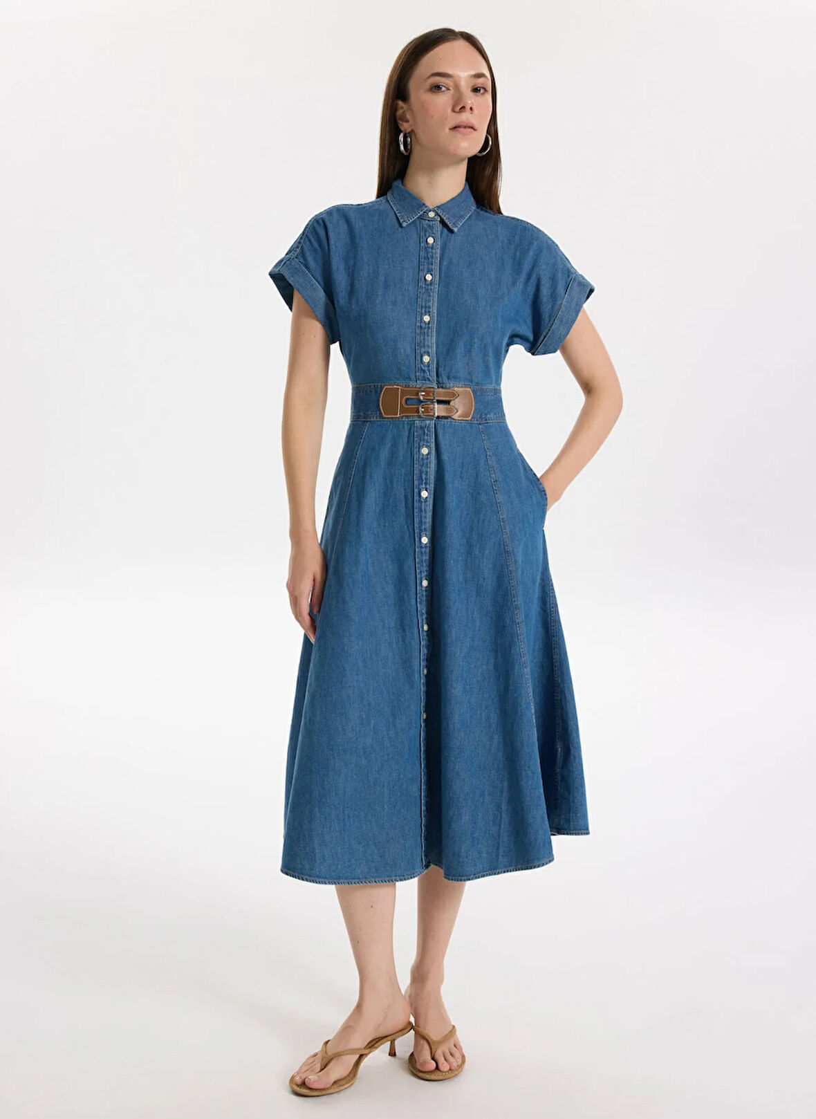 Lauren Ralph Lauren Gömlek Yaka Mavi Midi Kadın Elbise ERLAINA-SHORT SLEEVE-DAY DRESS