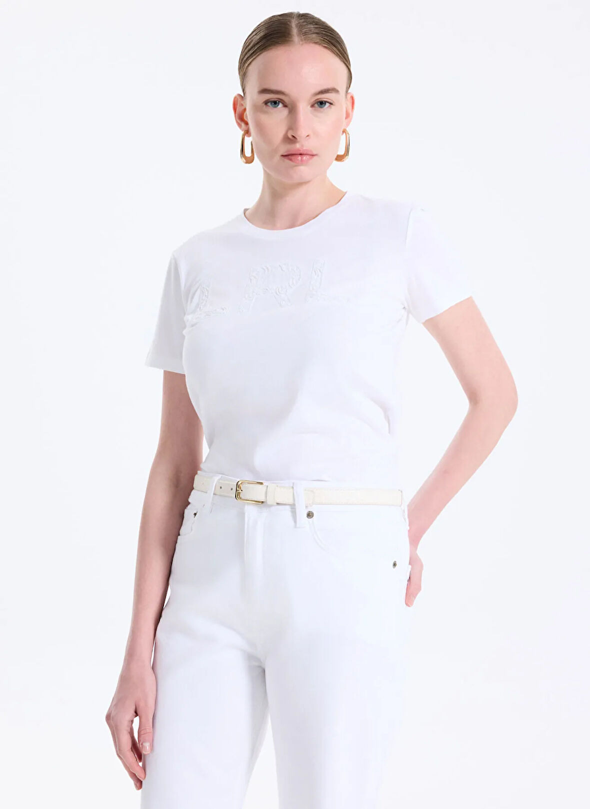 Lauren Ralph Lauren Bisiklet Yaka Baskılı Beyaz Kadın T-Shirt 200971071