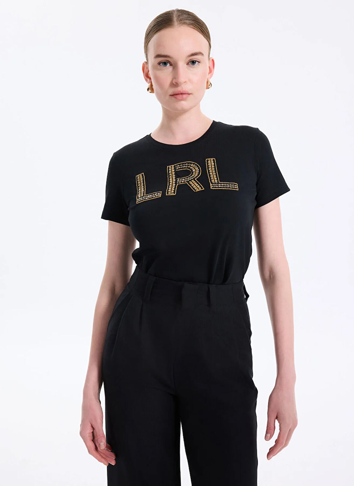 Lauren Ralph Lauren Bisiklet Yaka Baskılı Siyah Kadın T-Shirt 200971125