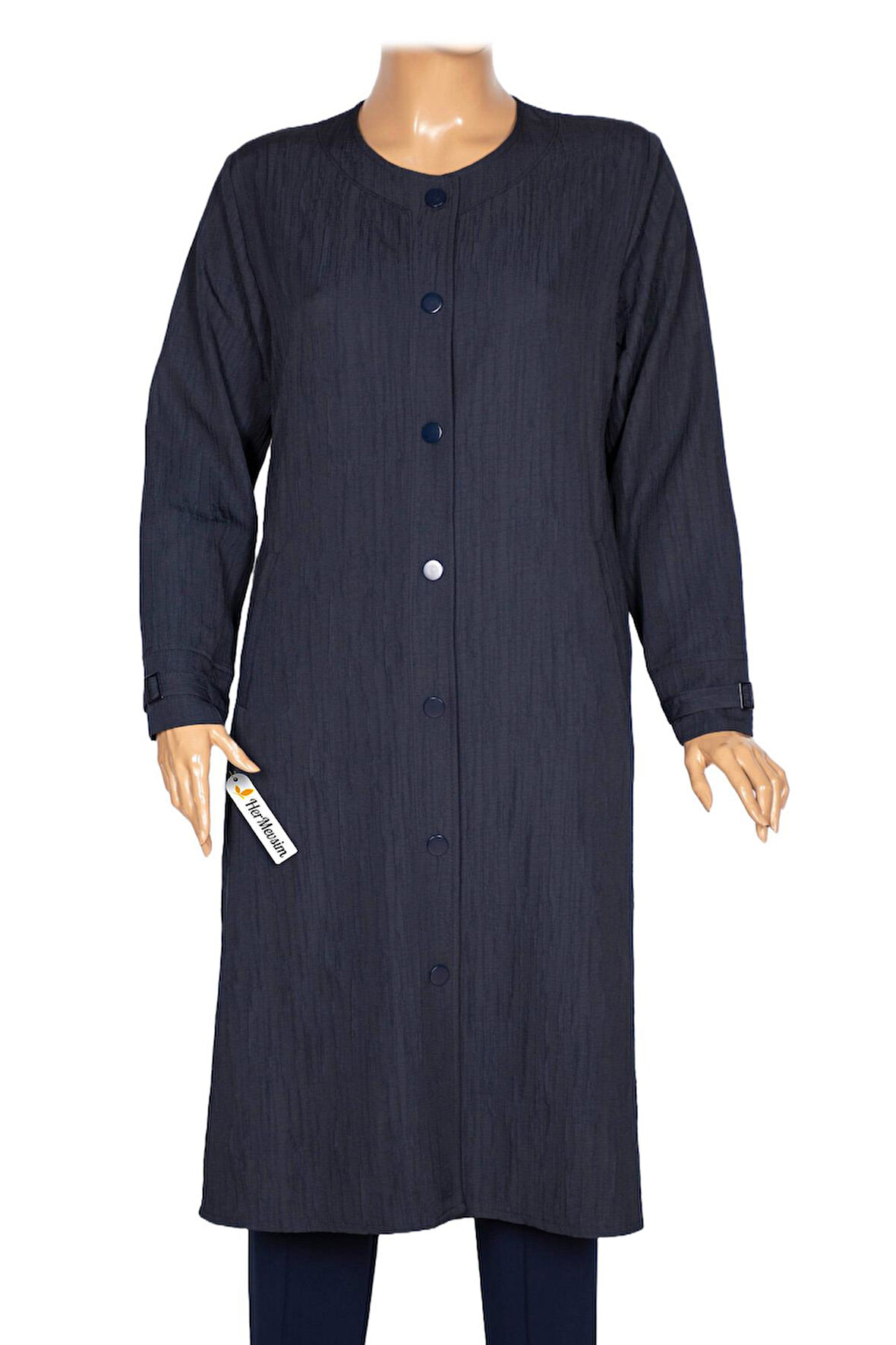 Hesna Kadın Luna Büyük Beden Krinkıl Çıtçıtlı Lacivert Kap Ceket