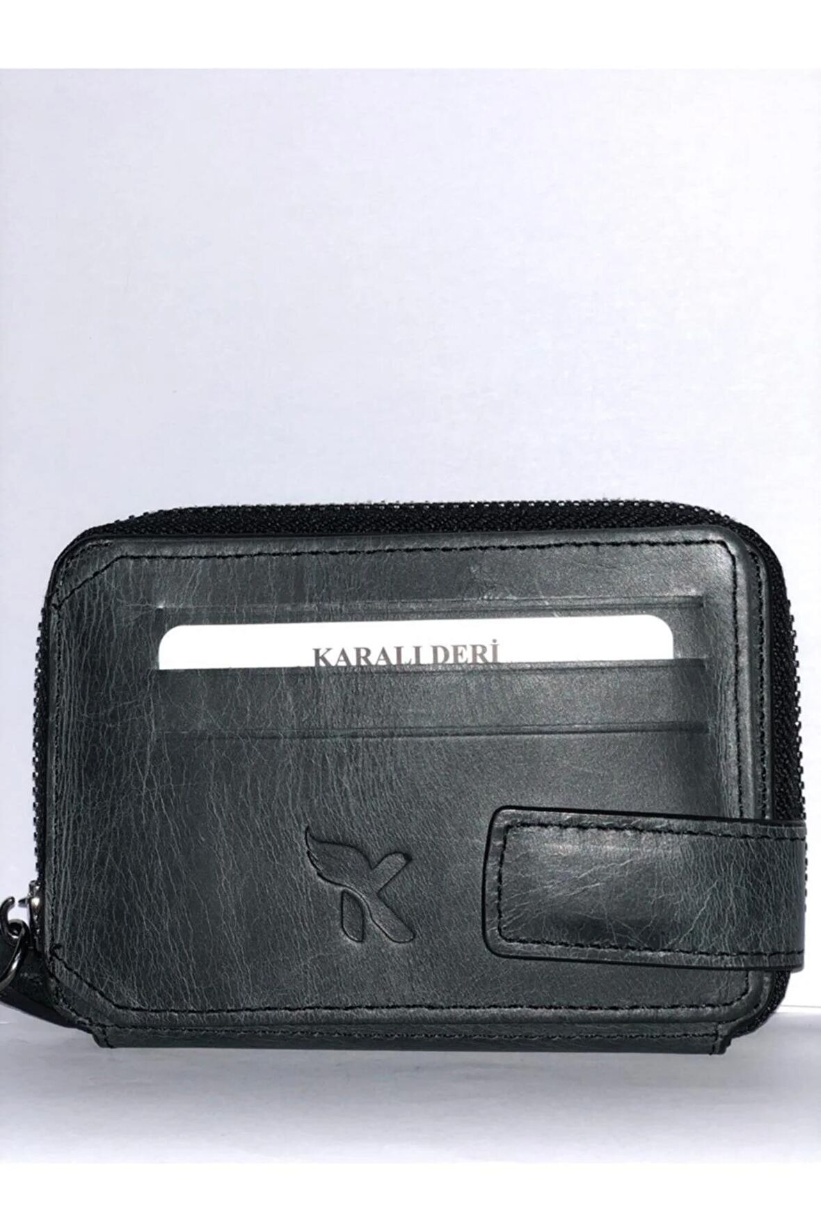 Karali Deri Hakiki Crazy Deri Fermuarlı Kartlıklı Para Bölmeli Hakiki Deri Cüzdan