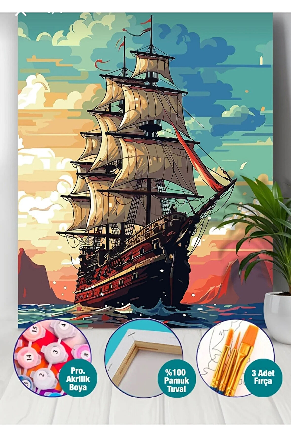 Sayılarla Boyama Seti 40x50 Cm (Çıtalı) Fırça Boya Dahil Numaralı Tuval Korsan Gemi