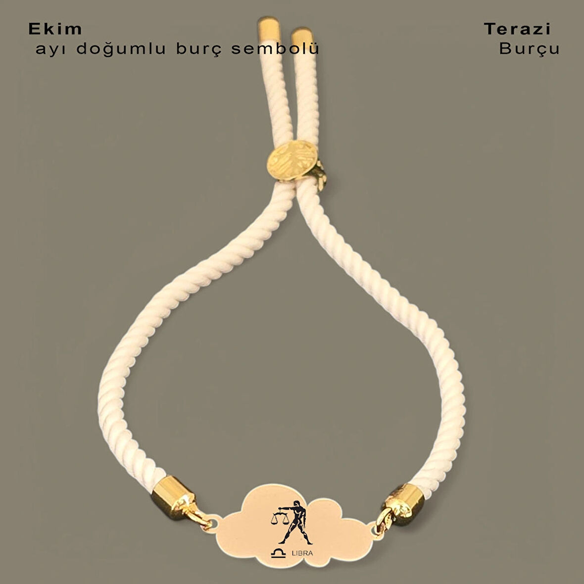 Terazi Burçlarına Özel Bulut Motifli 14 Ayar Altın Plakalı İpek Örgülü Hediye Bileklik-362burç-beyaz