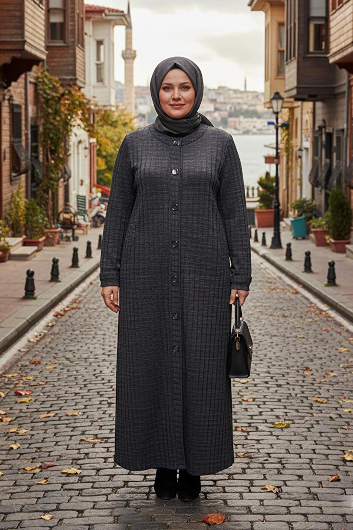 Hesna Kadın Nurel Büyük Beden Kışlık Kare Çıtçıtlı Lacivert Pardesü