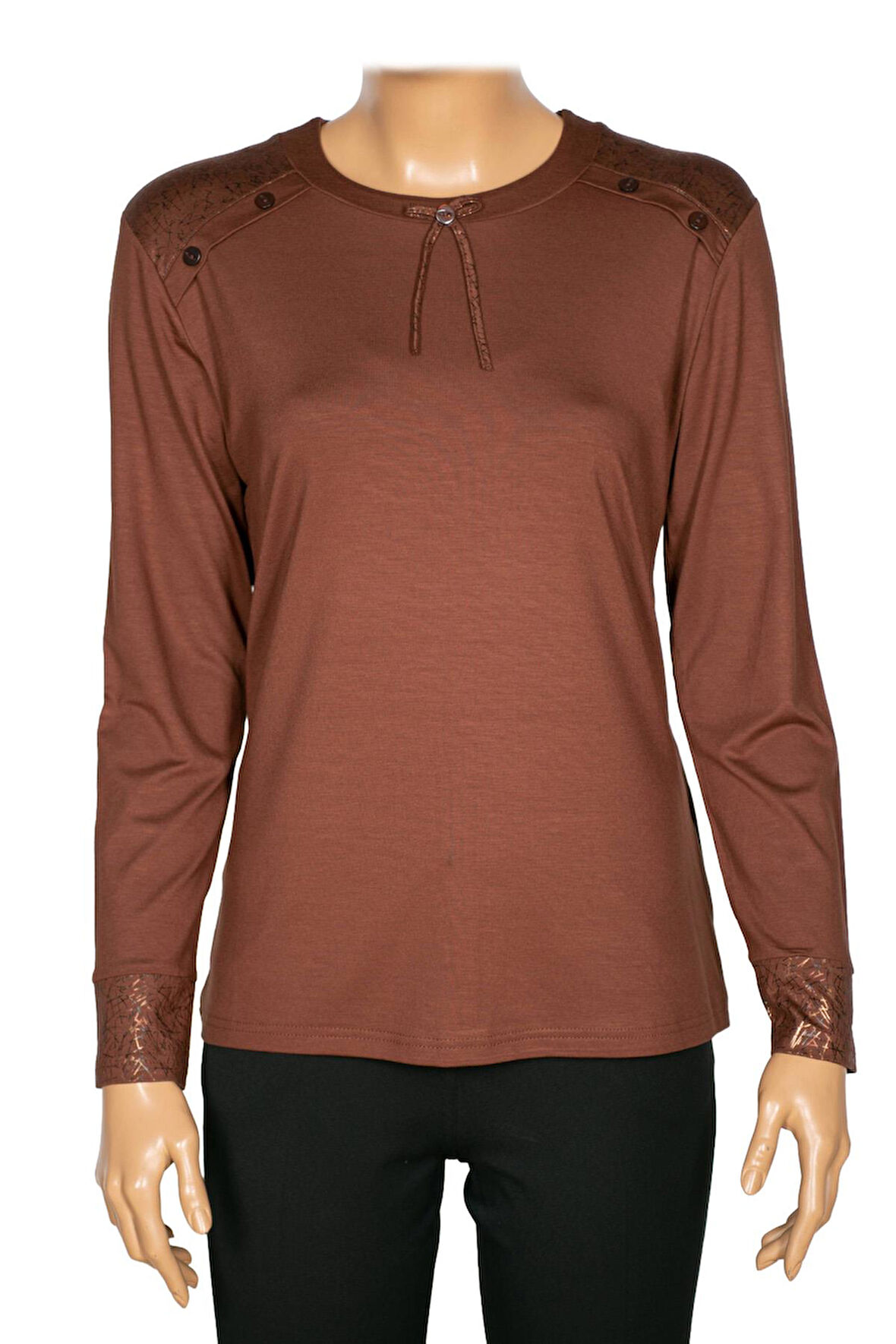 Simay Kadın Flora Ara Beden Kombinli Omzu Düğmeli Taba Spor Bluz