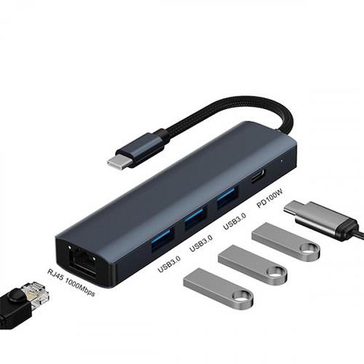 Coofbe Pd 100W 5in1 Type-C HUB RJ45 Type-c Dönüştürücü Çoğaltıcı USB3.0 Çoğaltıcı Ethernet Dönüştürücü