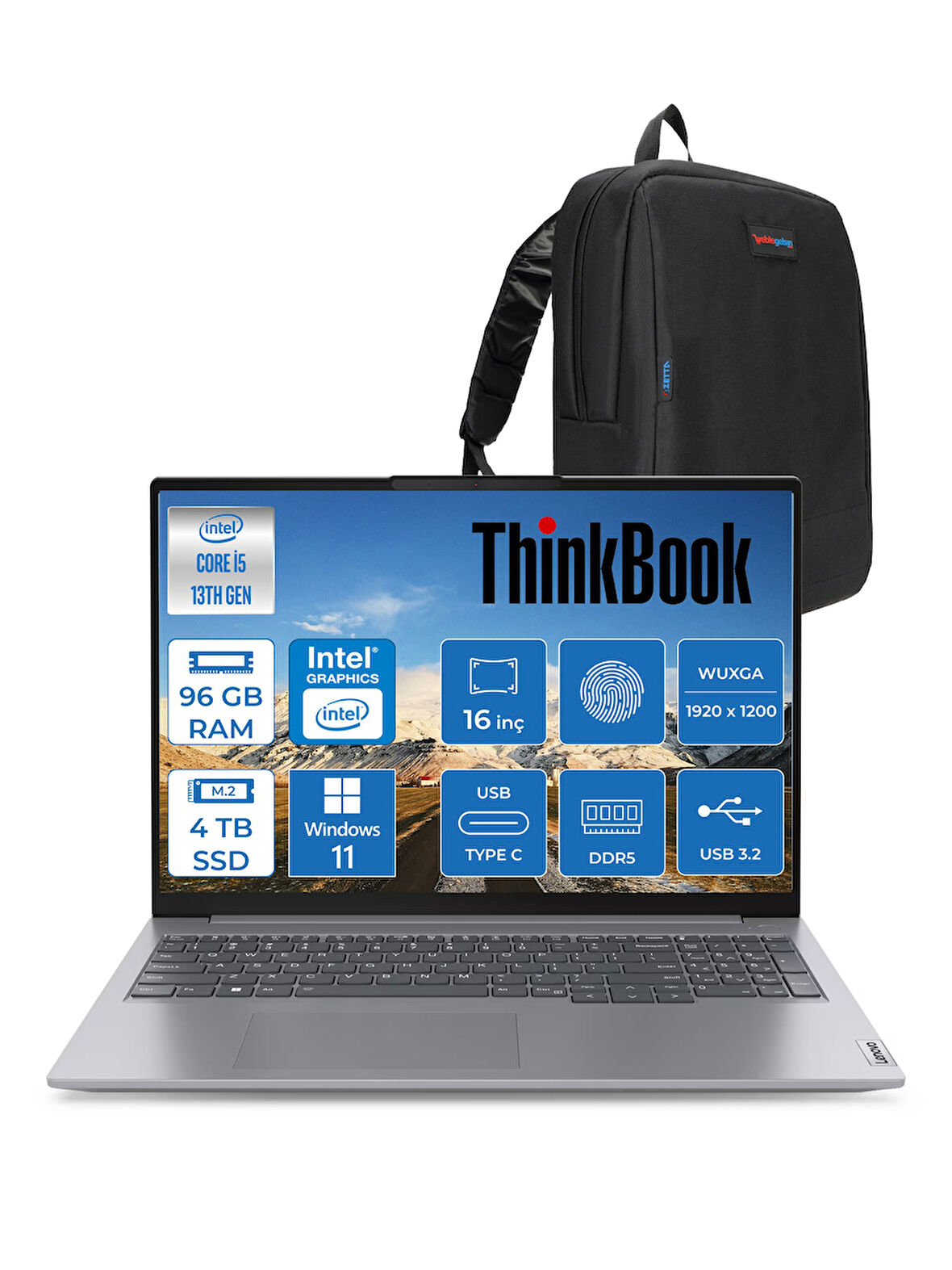 Lenovo Thinkbook 16 G6 Irl Intel Core I5 13420H 96GB Ddr5 4tb SSD 16" Wuxga 300NITS IPS Windows 11 Pro Taşınabilir Bilgisayar 21KH00SXTRP34 + Zetta Çanta