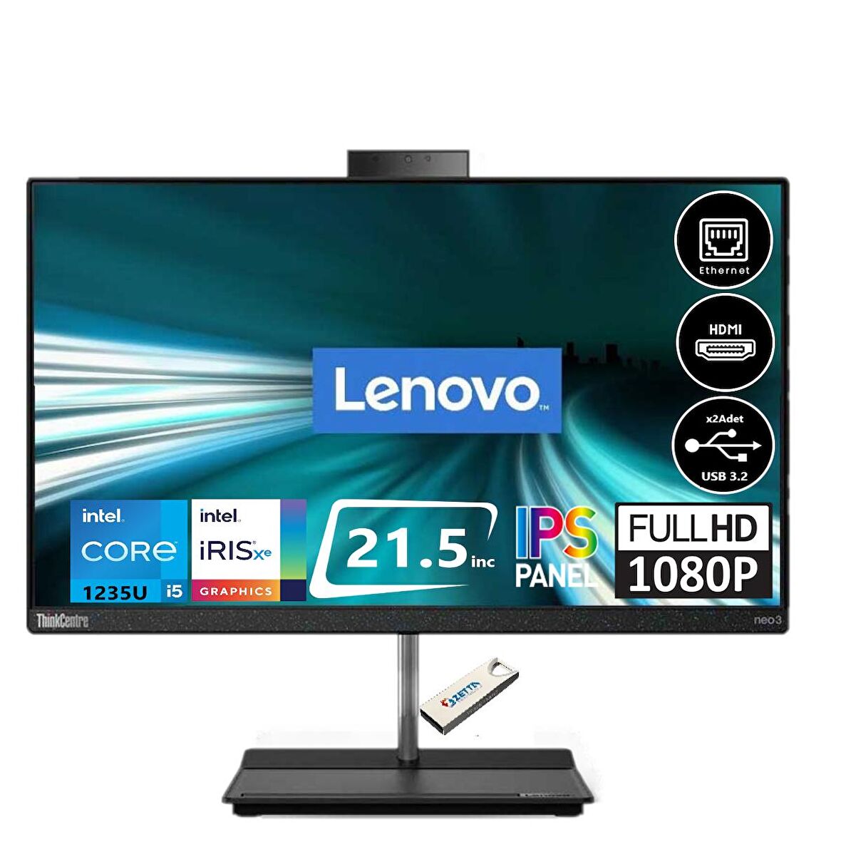 Lenovo Neo 30A Thinkcentre İntel i5 1235U 8GB 256GB SSD 21.5" Windows11Home Fhd IPS Masaüstü Bilgisayar T12B3003XTX17+ZettaUsbBellek
