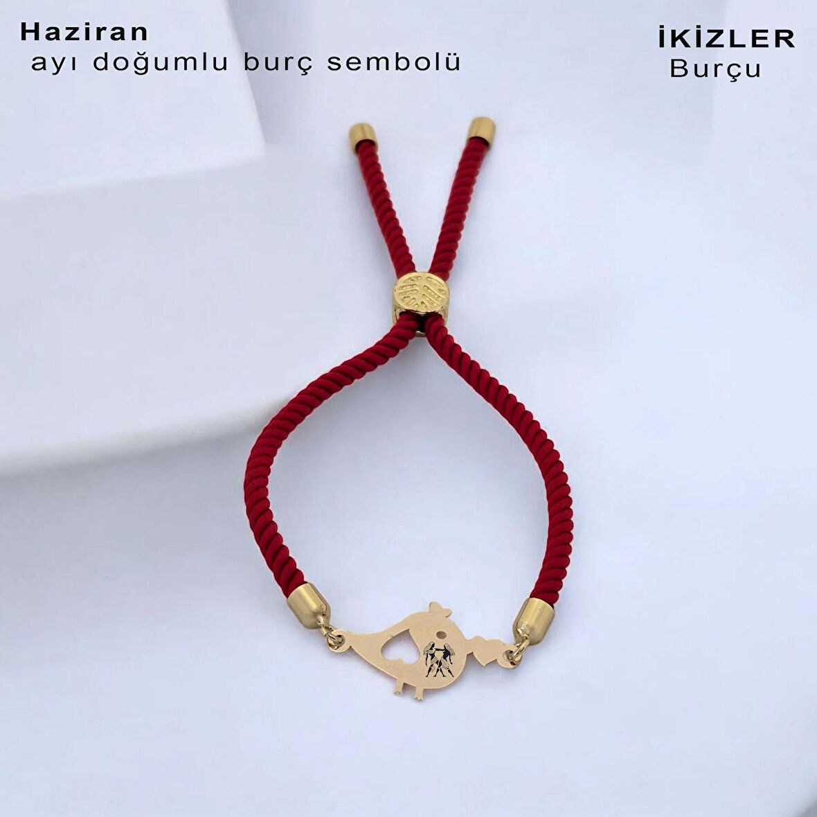 İkizler Burçlarına Örgü İpli Kuş Motifli 14 Ayar Altın Plakalı Hediye Bileklik-363burç-kırmızı